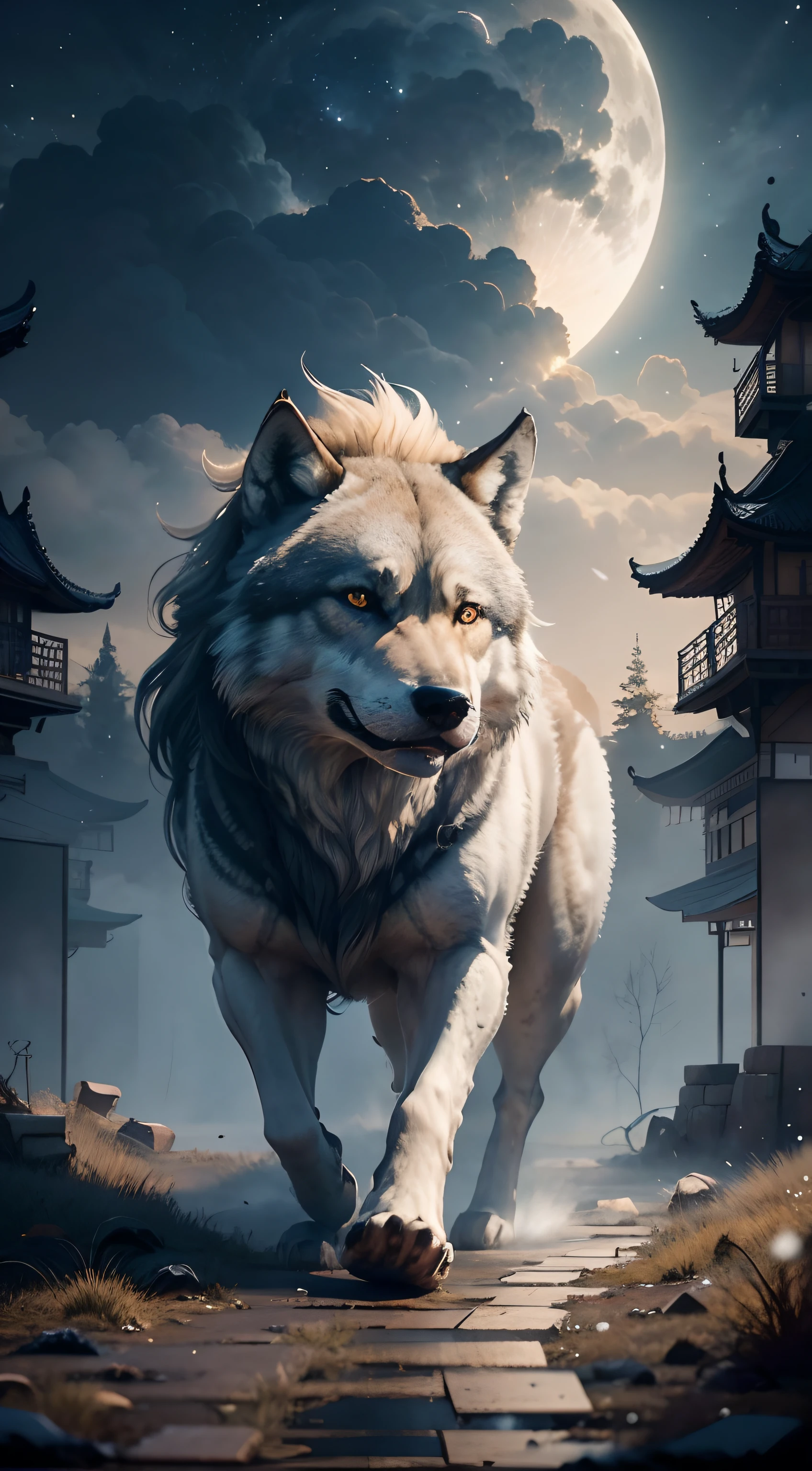 Strong wolf，中景 the scene is，（Full body appearance），View Night Sky，standing on your feet，Roaring and looking at the night sky，Delicate depiction of hair，（Extremely detailed depiction of the wolf's body），Empty night sky，Transparent Nebula，pagoda，Auspicious clouds，The huge full moon shines brightly，Endless savannah，（Snowflakes flying），Empty visuals，ultra-wide-angle，Winter tones，light and shadow effect，Light particle tracing，rendering by octane，Movie lighting，Surreal landscape，clear contour light，rim-light，fanciful，（8K分辨率），spotlight lights，Masterpiece，Master painting，photorealestic，realisticlying