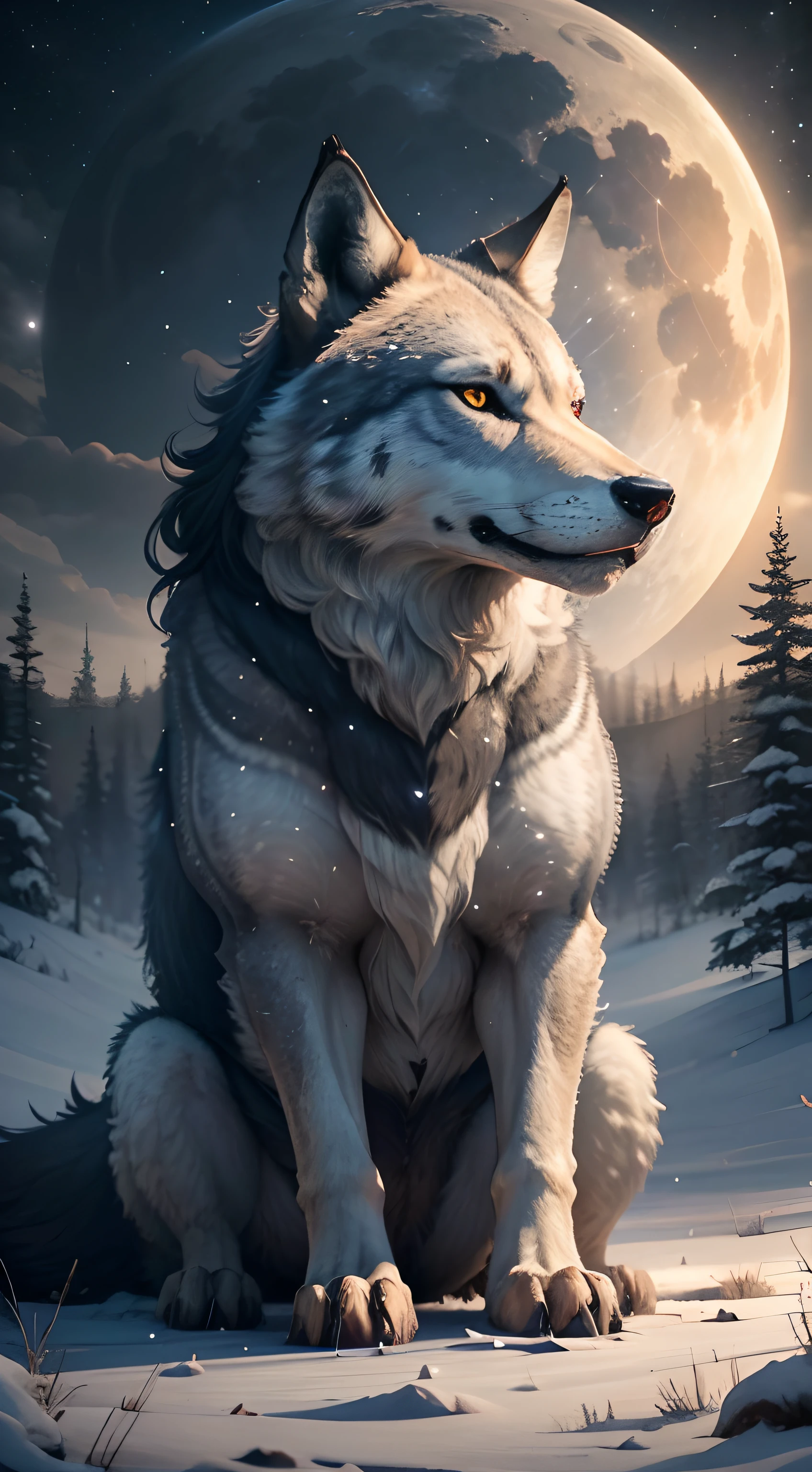 Powerful wolves，Close-up，View Night Sky，Roar into the night sky，Delicate depiction of hair，（Extremely detailed depiction of the wolf's body），Empty night sky，Transparent Nebula，pagoda，Auspicious clouds，The huge full moon shines brightly，Endless savannah，（Snowflakes flying），Winter tones，light and shadow effect，Light particle tracing，rendering by octane，Movie lighting，Surreal landscape，clear contour light，rim-light，fanciful，（8K分辨率），spotlight lights，Masterpiece，Master painting，photorealestic，realisticlying