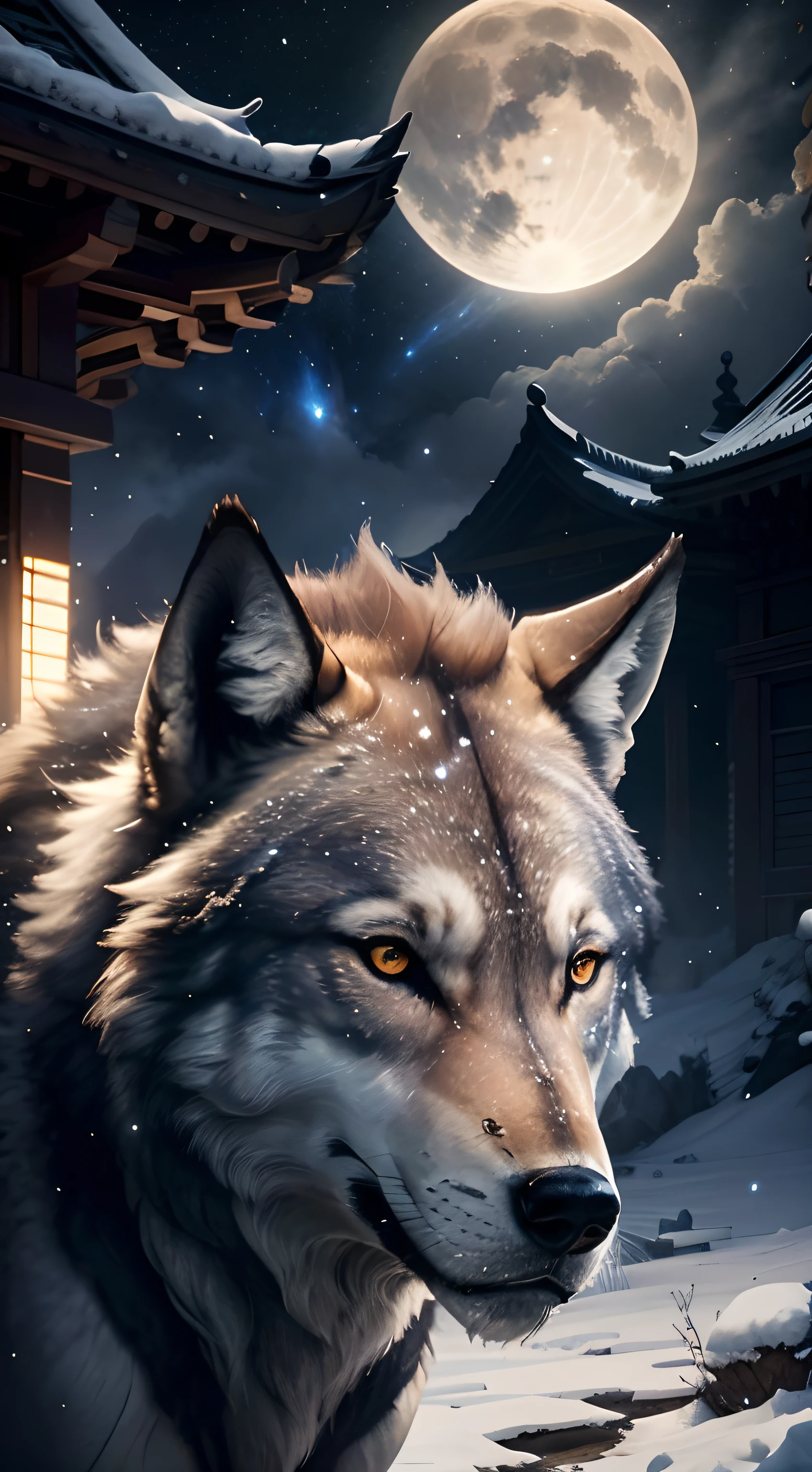 Powerful wolves,Close-up,View Night Sky,Roar into the night sky,Delicate depiction of hair,(Extremely detailed depiction of the wolf's body),Empty night sky,Transparent Nebula,pagoda,Auspicious clouds,The huge full moon shines brightly,Endless savannah,(Snowflakes flying),Winter tones,light and shadow effect,Light particle tracing,rendering by octane,Movie lighting,Surreal landscape,clear contour light,rim-light,fanciful,(8K分辨率),spotlight lights,Masterpiece,Master painting,photorealestic,realisticlying