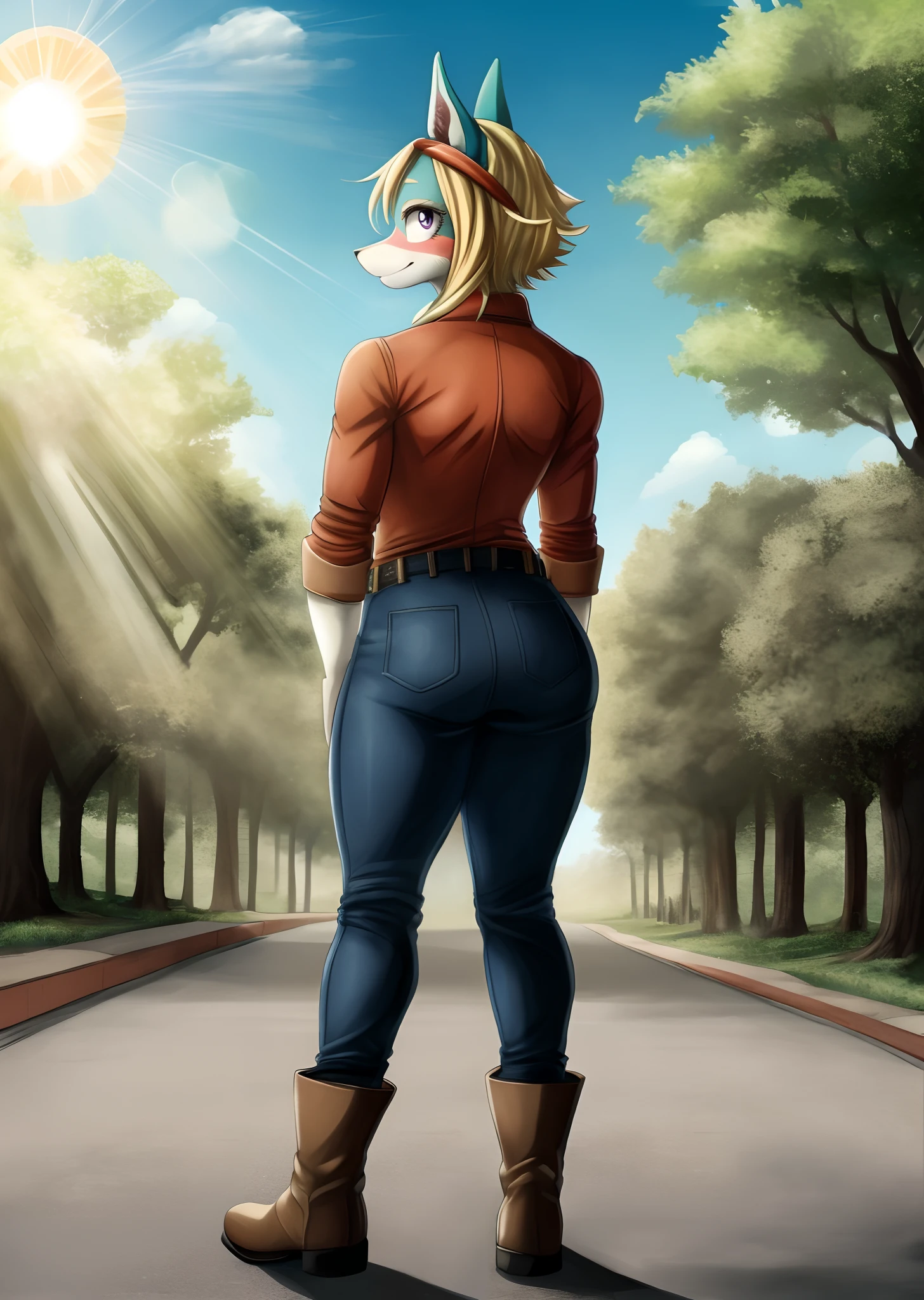 [ippan_josei], [Boku no hero academia], ((masterpiece)), ((HD)), ((high quality)), ((solo portrait)), ((back view)), ((full body)), ((shoes visible)), ((furry)), ((anime)), ((detailed shading)), ((intricate details)), {anthro; (cyan fur), (long bleach-blonde hair), (big cute purple eyes), (short white eyelashes), (gorgeous hips), (beautiful defined legs), (cute smile), (blushing)}, {(tight button-up red shirt), (tight black jeans), (red headband), (brown cowboy boots)}, {(standing), (looking back)}, [Background; (park), (blue sky), (sun rays)]