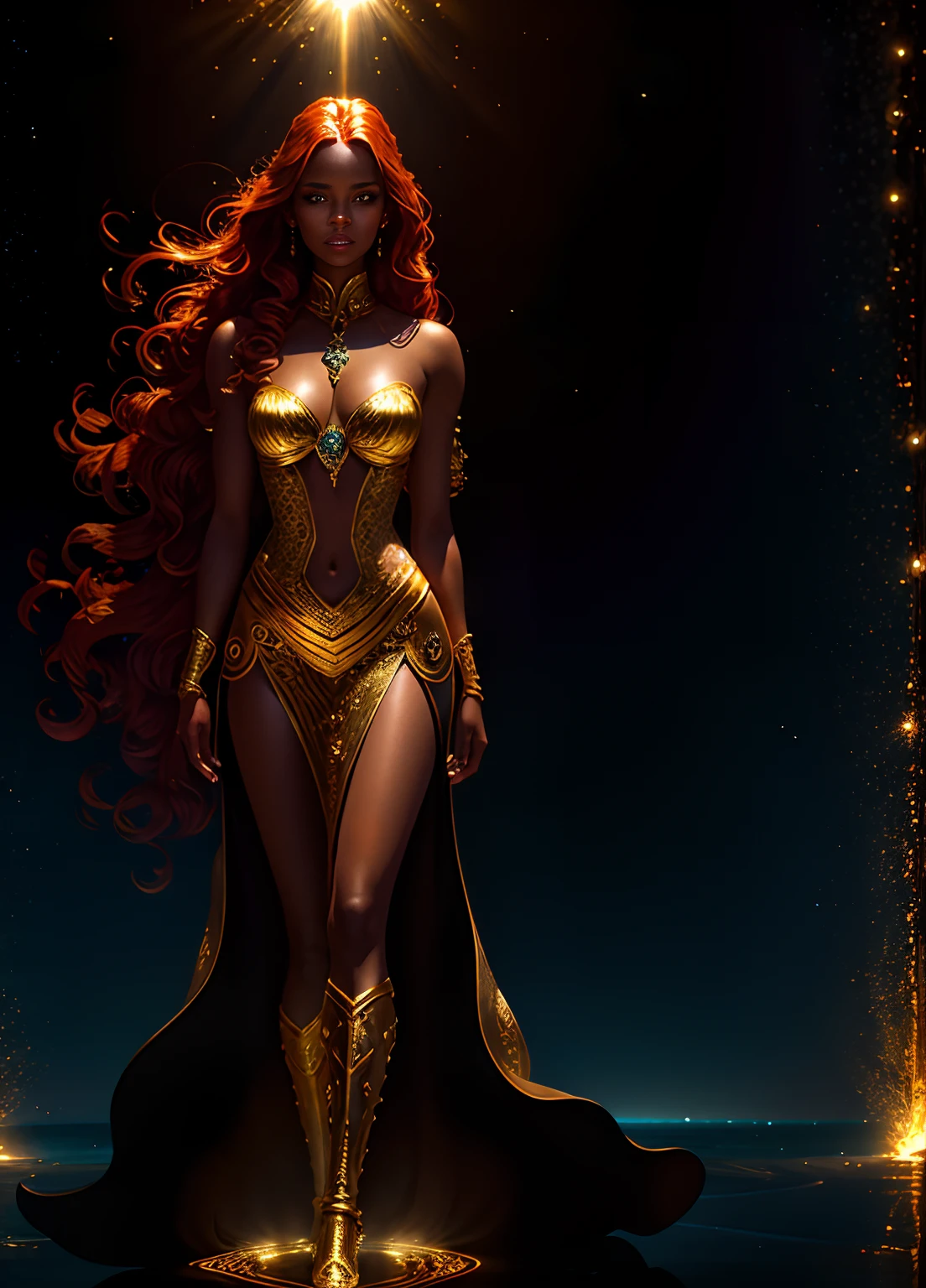 Full body shot, illustration, film light, fantasy, highest quality, super detailed, best quality, dark skin, red hair, masterpiece, (detailed face), tall sexy mature woman, dress made of gold coins chained together, glowing quicksand, floating embers Crystals, golden hair accessories, metal that reflects sunlight, (body focal length: 1.25), clear blue sky, desert ocean in the background, long straight hair, golden eyes, magic, darkness, light reflection