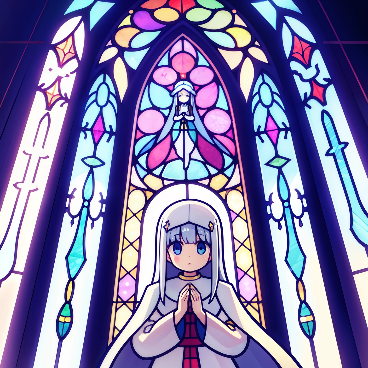 Put your hands together in front of the stained glass、Praying Girl、white longhair、Dull hair、Lower your eyes、White holy cloth、Light shines through stained glass.