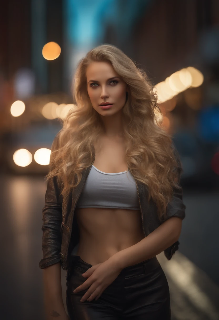 gorgeous woman with long wavy blonde hair, detailed alluring eyes, long sexy legs, wearing tiny shorts, red crop top t-shirt, in a mall parking, ((detailed facial features)), (finely detailed skin), pale skin, realistic skin texture, extreme skin details, (pores:0.1), in the background beautiful futuristic cyberpunk city, best quality masterpiece, photorealistic, hyperrealistic, detailed, 8k, HDR, (Soft color: 1.2), shallow depth of field, broad light, high contrast, backlighting, bloom, light sparkles, chromatic aberration, sharp focus, RAW color photo, without background blur, large boobs