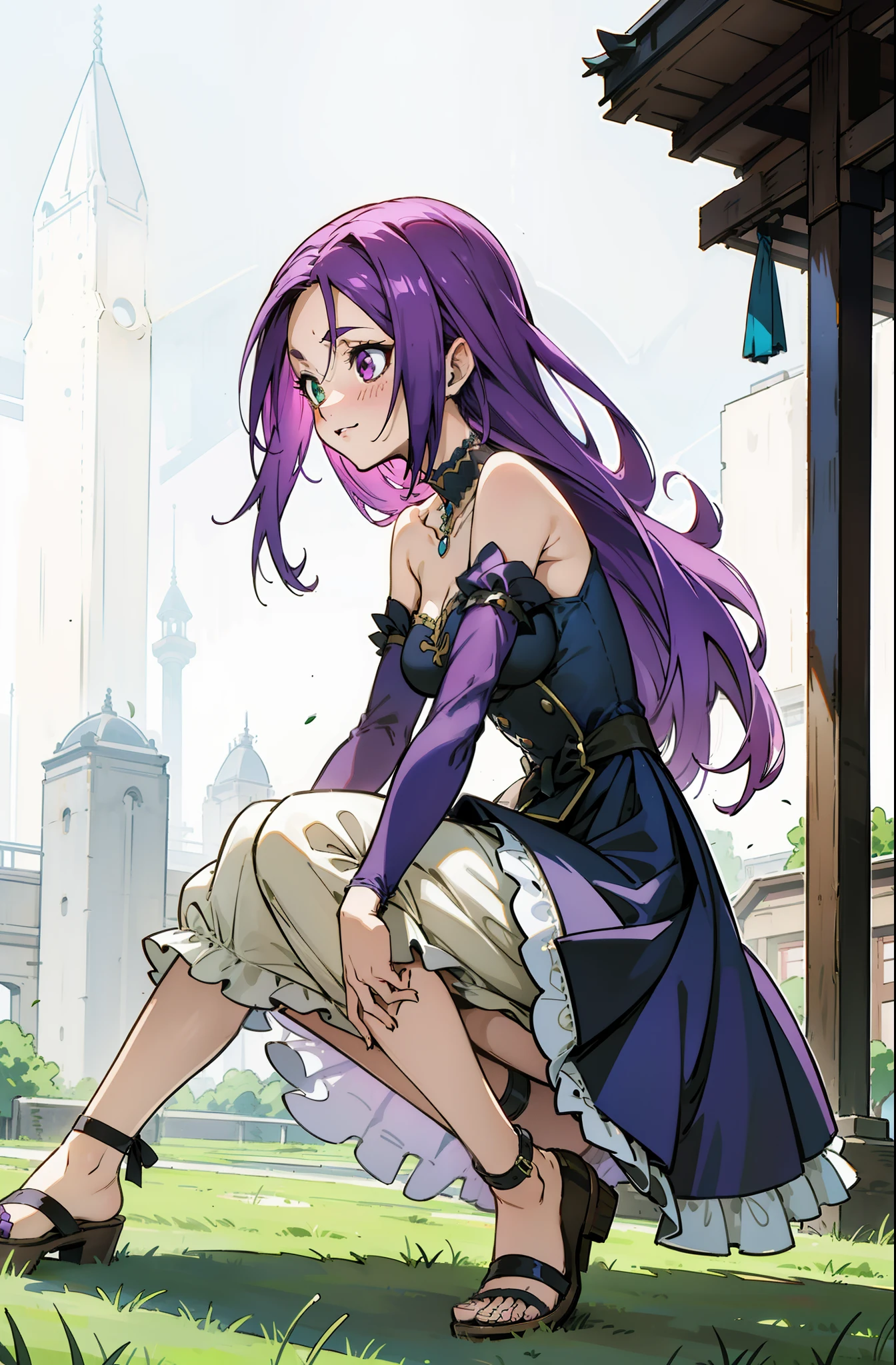masutepiece, Best Quality, Ultra-detailed, Off-the-shoulder clothing, Colorful,Up-close, Hyper-detailing,purple color hair, , Ultra-realistic hair quality, Vibrant colors, Beautiful long hair, shoulder-length hair, Shiny hair, detailed hairs, Hair Ribbon, Single-sided up, bow ribbon, Reo Mikage, Blue Lock, no sleeves, Sleeveless, Open shoulders, Cinderella, Panniers and Cinderella, Cinderella Dresses, Lace dress, long-one-piece dress, White tights and leggings, leggins, Lace Tights, Bare legged, Sandals, Brown sandals, gladiator sandals, Chest exposure, Lace underwear, Metamorphosis is exposed, Choker, Black Choker, complete fingers, Five Fingers, Two arms, Two hands, Sexy breasts, Scar, Big breasts, red blush, 1girl in, Solo, Sharp face, Heterochromia, Green eyes, Purple eyes, Bare neck, Happy face, rays of sunshine, Brave Sky, shining sky, Village of Shanghai, Slums, crouching down