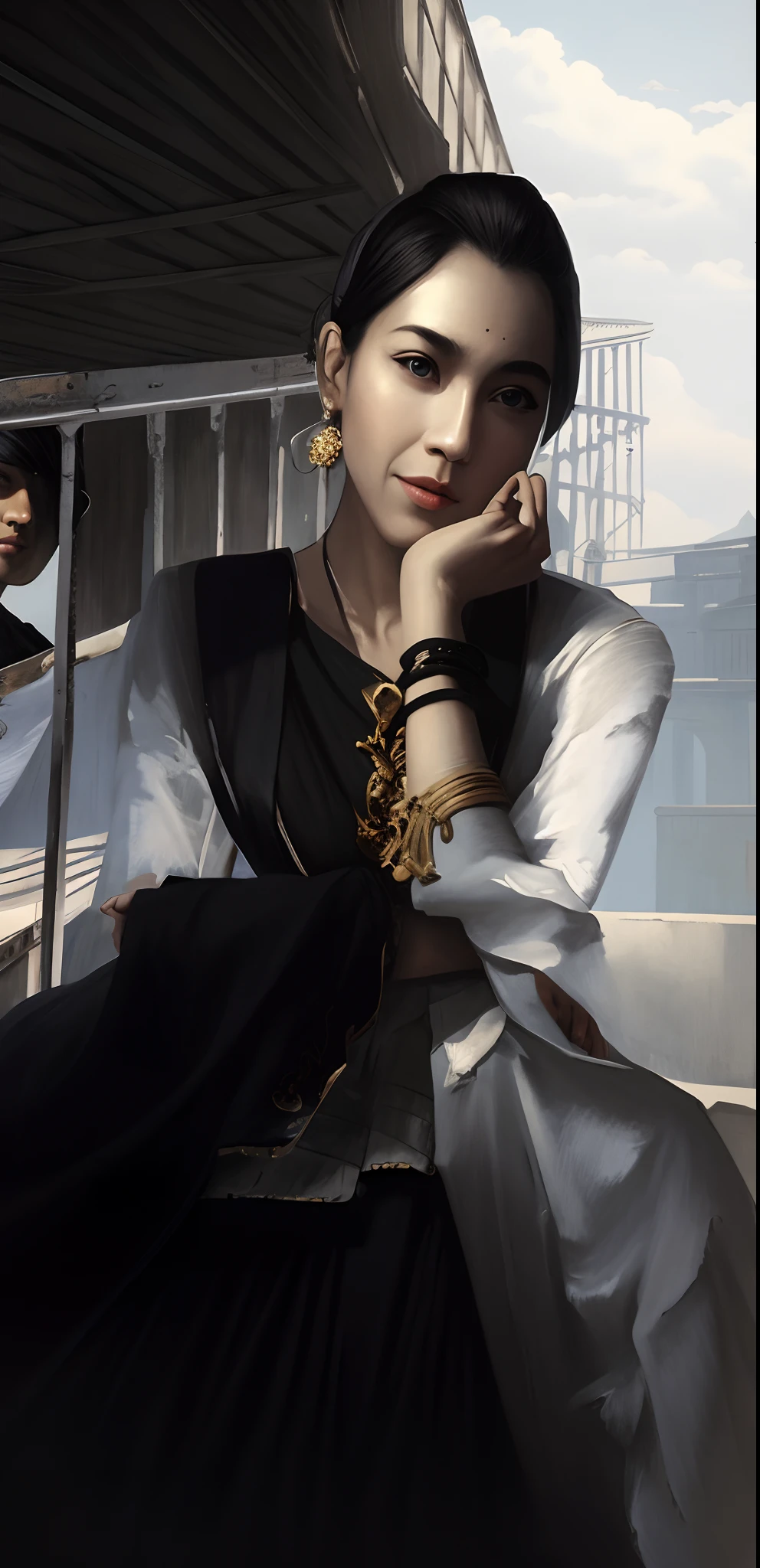 Painting a woman in a white dress standing on a bridge, ross tran. scenery background, beautiful concept art, by Raymond Han, author:Raphael Lacoste, Estilo de Raphael Lacoste, by Bayard Wu, Palace , A girl in Hanfu, concept-art | feng zhu, elegant cinematic fantasy art, Beautiful rendering of the Tang Dynasty, martin raphael lacoste in my realistic face, my original face,