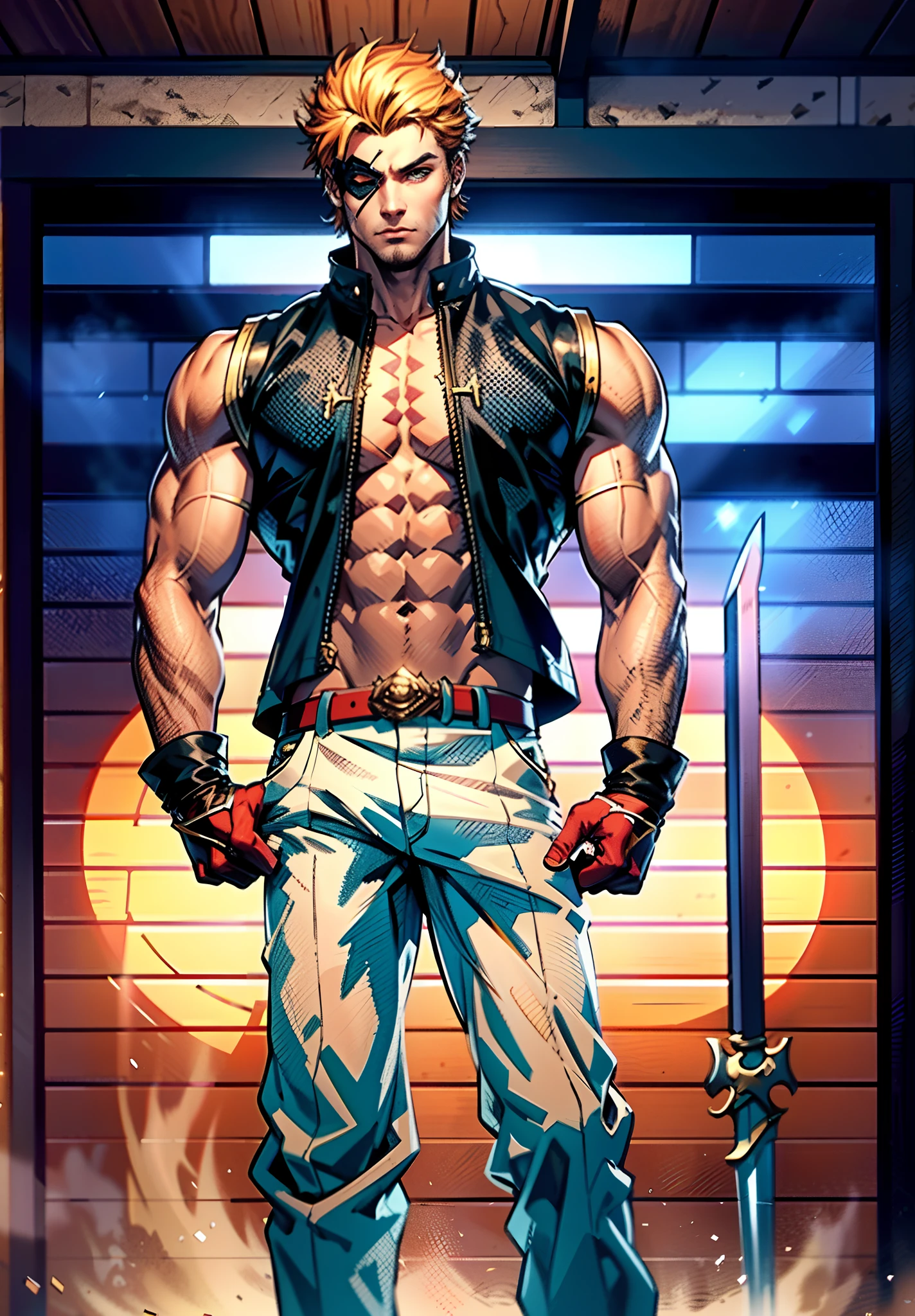 Handsome muscular Boy, covered both eyes with blindfold, wearing white shirt black pants, holding katana, standing in rain, --auto --s2