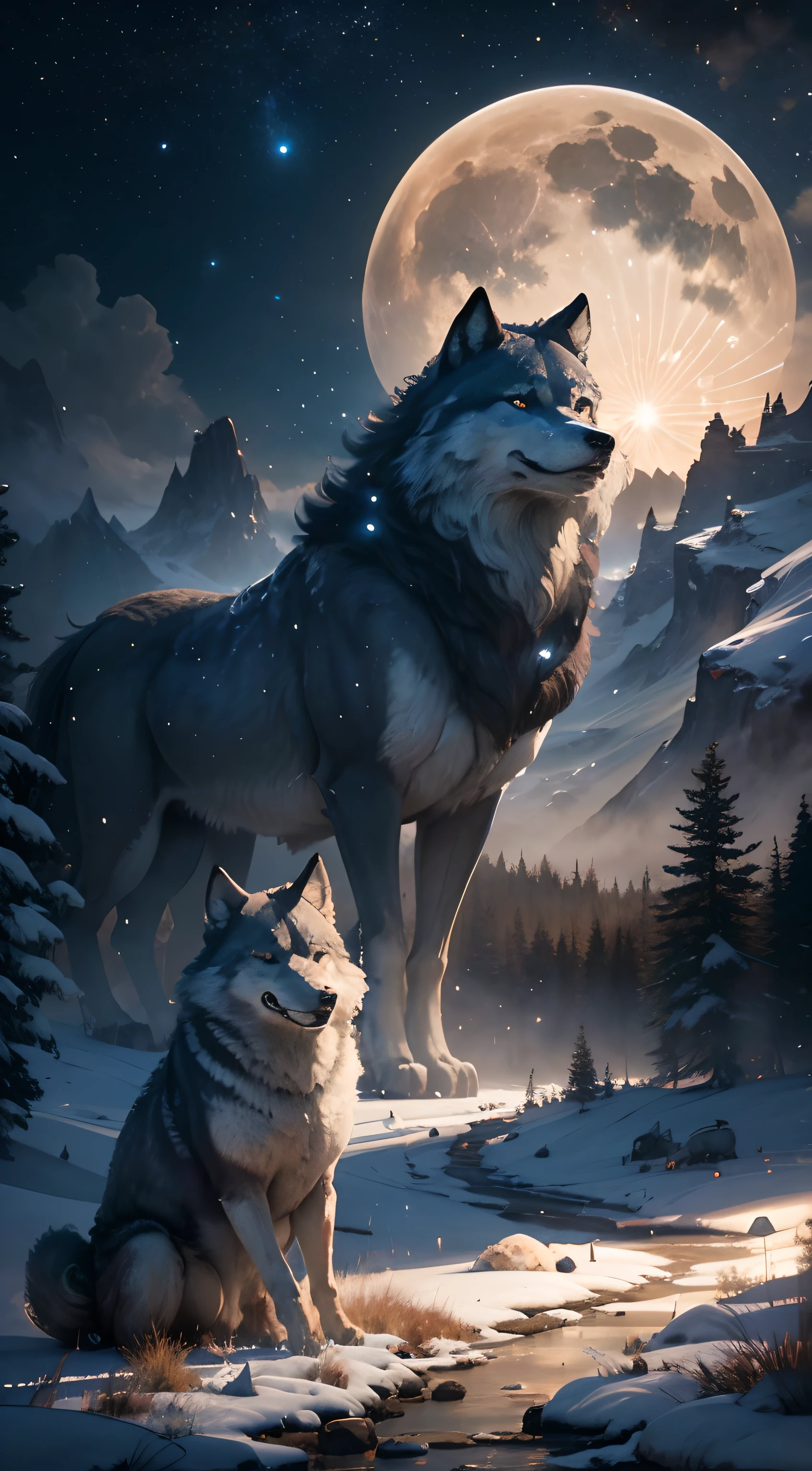 Powerful wolves，中景 the scene is，Admire the night sky，Roared，Rush into the night sky，Delicate depiction of hair，（Extremely detailed depiction of the wolf's body），Empty night sky，Transparent Nebula，pagoda，Auspicious clouds，The huge full moon shines brightly，Endless savannah，（Snowflakes flying），Winter tones，light and shadow effect，Light particle tracing，rendering by octane，Movie lighting，Surreal landscape，clear contour light，rim-light，fanciful，（8K分辨率），spotlight lights，Masterpiece，Master painting，photorealestic，realisticlying