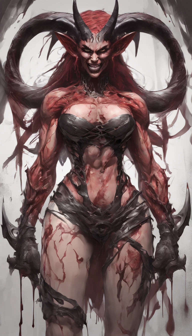 (carnage:1.5),(beautiful female model:1.5), (demoness with Large horns:1.25),(1 super muscular succubus with flayed skin:1.5), (covered in thick muscle suit:1.5), (exposed perfect anatomy:1.5),  high detail, best quality, masterpiece, finely detail, realistic skin texture, 85 mm art lens, f 1.2, sharp focus, 8 k high definition, insanely detailed, intricate,