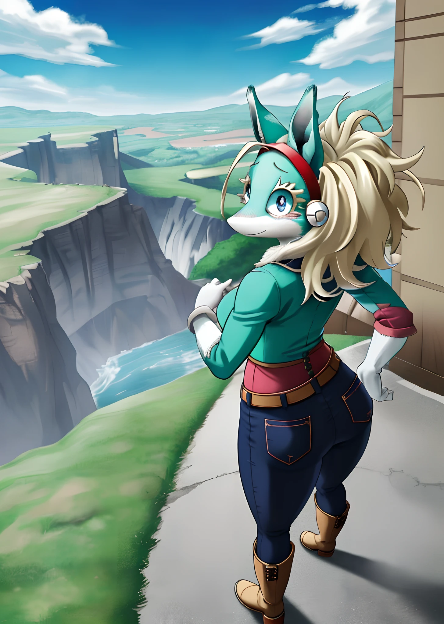 [ippan_josei], [Boku no hero academia], ((masterpiece)), ((HD)), ((high quality)), ((solo portrait)), ((back view)), ((full body)), ((shoes visible)), ((furry)), ((anime)), ((detailed shading)), ((intricate details)), {anthro; (cyan fur), (long bleach-blonde hair), (big cute purple eyes), (short white eyelashes), (gorgeous hips), (beautiful defined legs), (cute smile), (blushing)}, {(tight button-up red shirt), (tight black jeans), (red headband), (brown cowboy boots)}, {(standing), (looking back)}, [Background; (park), (blue sky), (sun rays)]