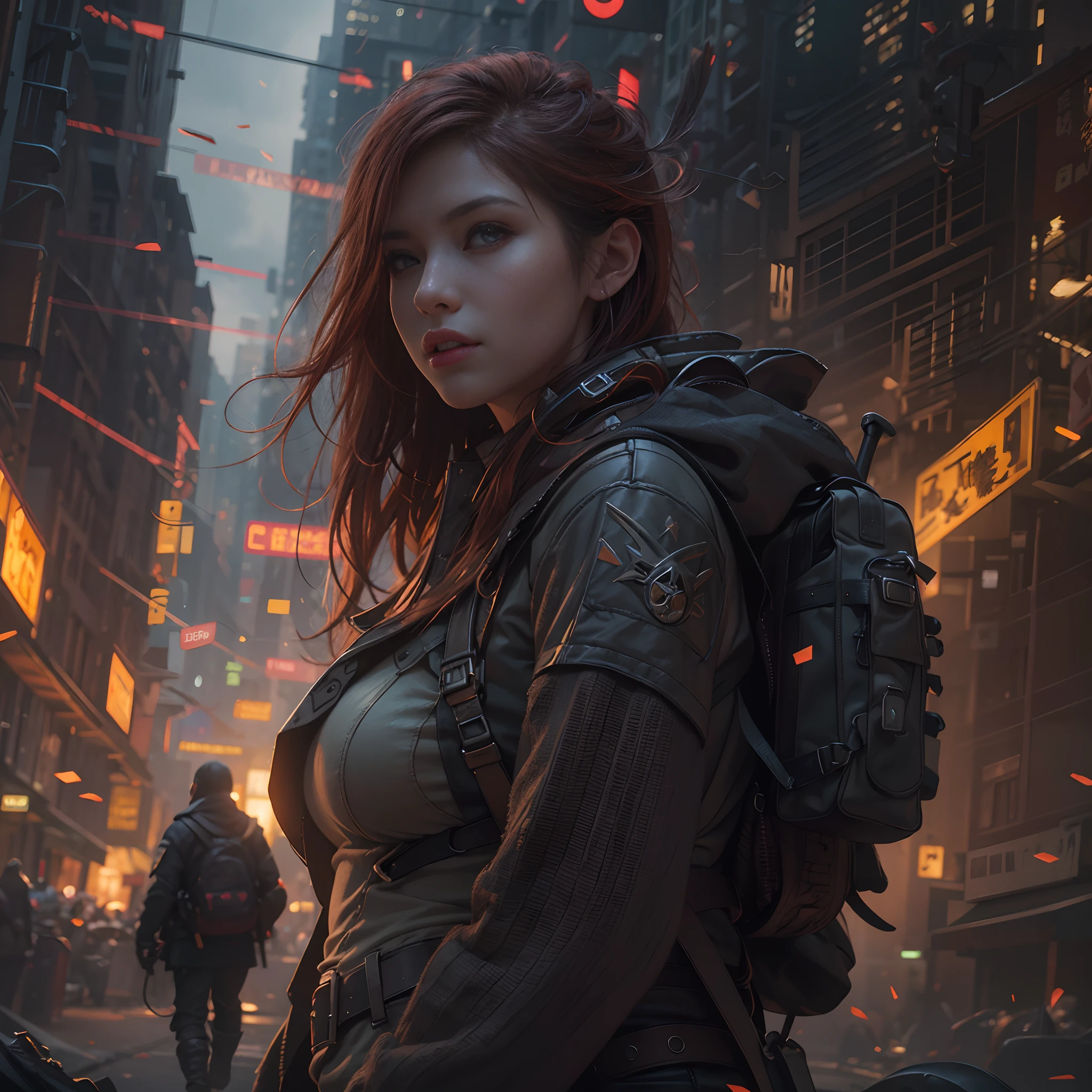 8k, top-quality, (pubic hair beauty)、hight resolution, realisticlying, realperson, Woman in the City of Fire, concept art inspired by Aleksi Briclot, cg society contest winner, Fantasy Art, fantastic screenshot art, epic digital concept art, 8K HD Concept Art, cg art, 3 d render and matte painting, 4K concept art, 4K concept art, sci fi epic digital art, 4K resolution concept art