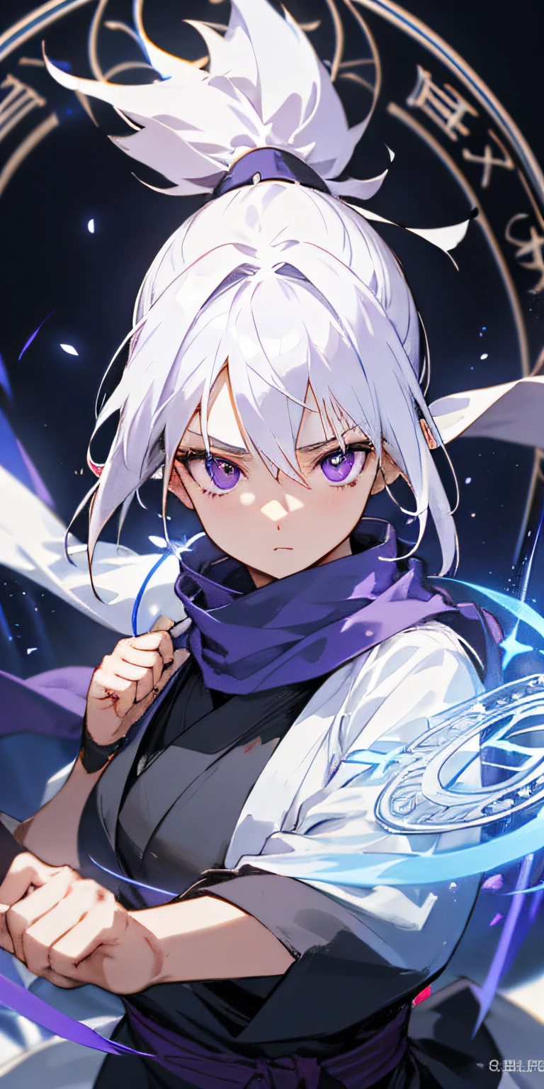 upper body, 1girl, white hair, ponytail, purple eyes, (ninja), short sword, medium breats ,scarf, wallpaper, magic circle background, light particles, blue fire,