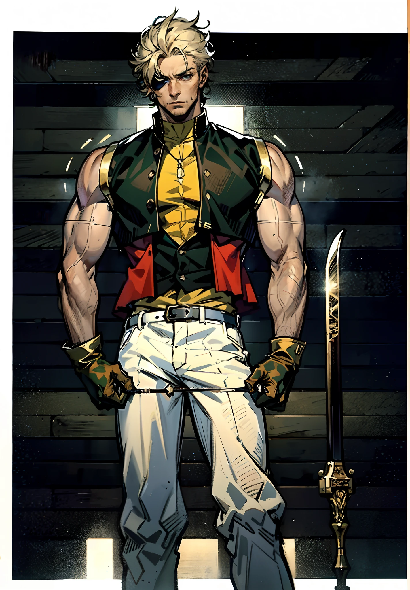 A young man with short golden hair, hair standing upright, an eye patch over his right eye, a serious expression, a deep gaze, well-defined facial features, a two-piece sleeveless vest in a fantasy-modern style, color scheme primarily features shades of orange-red, with yellow and blue as secondary colors, wears gloves, loose-fitting utility pants, a long straight sword with a demon face decoration, the background depicts a cracked land, with rubble floating in the air, this character embodies a finely crafted fantasy-realism style one-eyed warrior in anime style, characterized by an exquisite and mature manga illustration art style, ghigh definition, best quality, highres, ultra-detailed, ultra-fine painting, extremely delicate, professional, anatomically correct, symmetrical face, extremely detailed eyes and face, high quality eyes, creativity, RAW photo, UHD, 8k, Natural light, cinematic lighting, masterpiece:1.5