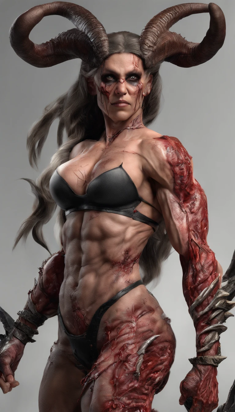 (carnage:1.5),(beautiful female model:1.5), (demoness with Large horns:1.25),(1 super muscular succubus with flayed skin:1.5), (covered in thick muscle suit:1.5), (exposed perfect anatomy:1.5), high detail, best quality, masterpiece, finely detail, realistic skin texture, 85 mm art lens, f 1.2, sharp focus, 8 k high definition, insanely detailed, intricate,