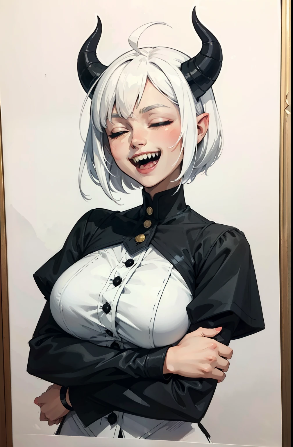 1girl, arms under breasts, black horns, buttons, closed eyes, demon girl, horns, limited palette, open mouth, painting \(medium\), sharp teeth, short hair, smile, teeth, traditional media, watercolor \(medium\), white background, white hair
