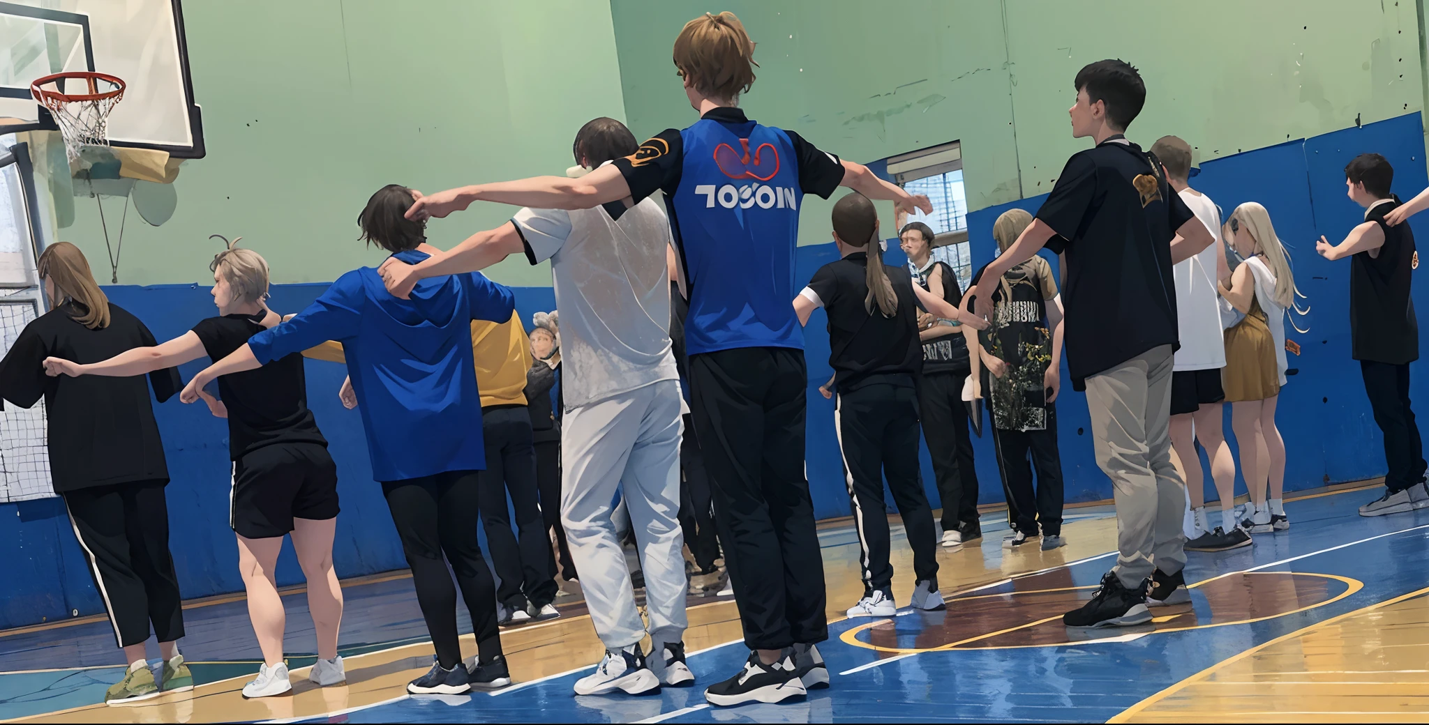 A lot of people are standing in line on the basketball court, Danila Tkachenko, Tom Wenerstrand, by Emma Andijewska, ilya ozornin, yulia nevskaya, Nikolay Kopeikin, dasha taran, alexander rostov, Liya Pilneva, egor letov