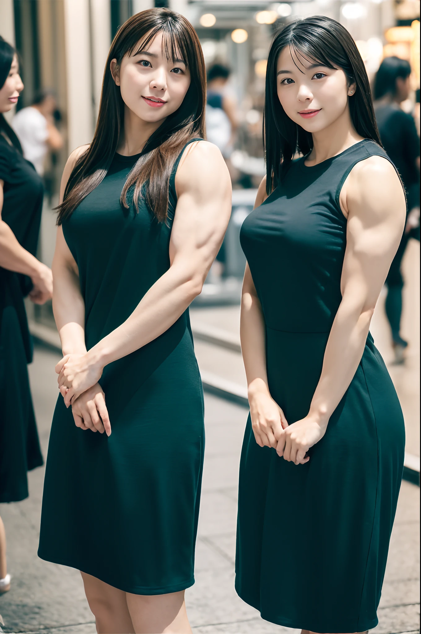 (realisitic、Photorealsitic:1.37)、(masterpiece、top-quality:1.2)、(超A high resolution:1.2)、(Raw photography:1.2)、(foco nítido:1.3)、(Face Focus:1.2)、(Ultra detailed CG unified 8k wallpaper:1.2)、(Beautiful skin:1.2)、(pale-skinned:1.3)、(hyper-sharp focus:1.5)、(Ultra Sharp Focus:1.5)、(Beautiful clean face:1.3)、(Ultra detailed backgrounds、detailedbackground:1.3), bokeh dof、depth of fields、BREAK、 Very cute and beautiful Japan women pictures、(22year old:1.1)、Portrait of a girl with a bright smile、((Full body shot:1.2))、((Muscular girl like a bodybuilder:1.5)), ((Sculpture of thick arms:1.3)),((muscular thick legs:1.4)),((Disproportionately huge breasts))、Show muscular thighs:1.6、((black bodycon dress:1.3))、(Walk the streets of the city:1.4)