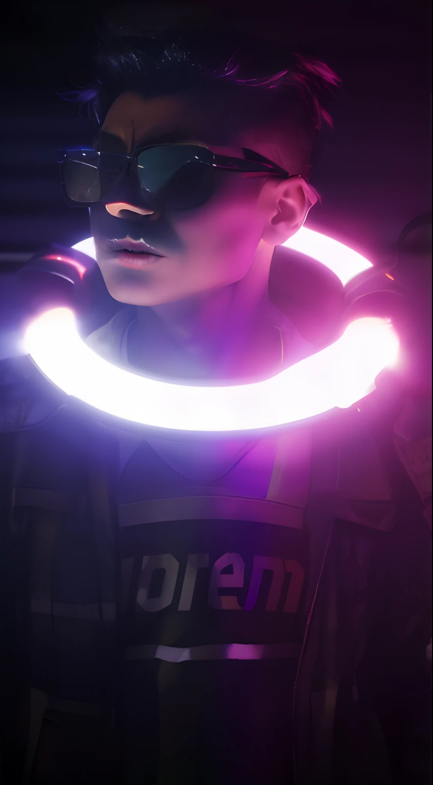 arafed image of a man wearing a neon collar and sunglasses, cyber neon lighting, fashion neon light, made of neon light, cyber neon lightings, neon lit, futuristic neon, dark neon lighting, neon ligh, neon lighting medium full shot, neon cyberpunk style, cyber led neon lighting, neon operator, neon dark lighting, glowing neon, cyberpunk with neon lighting