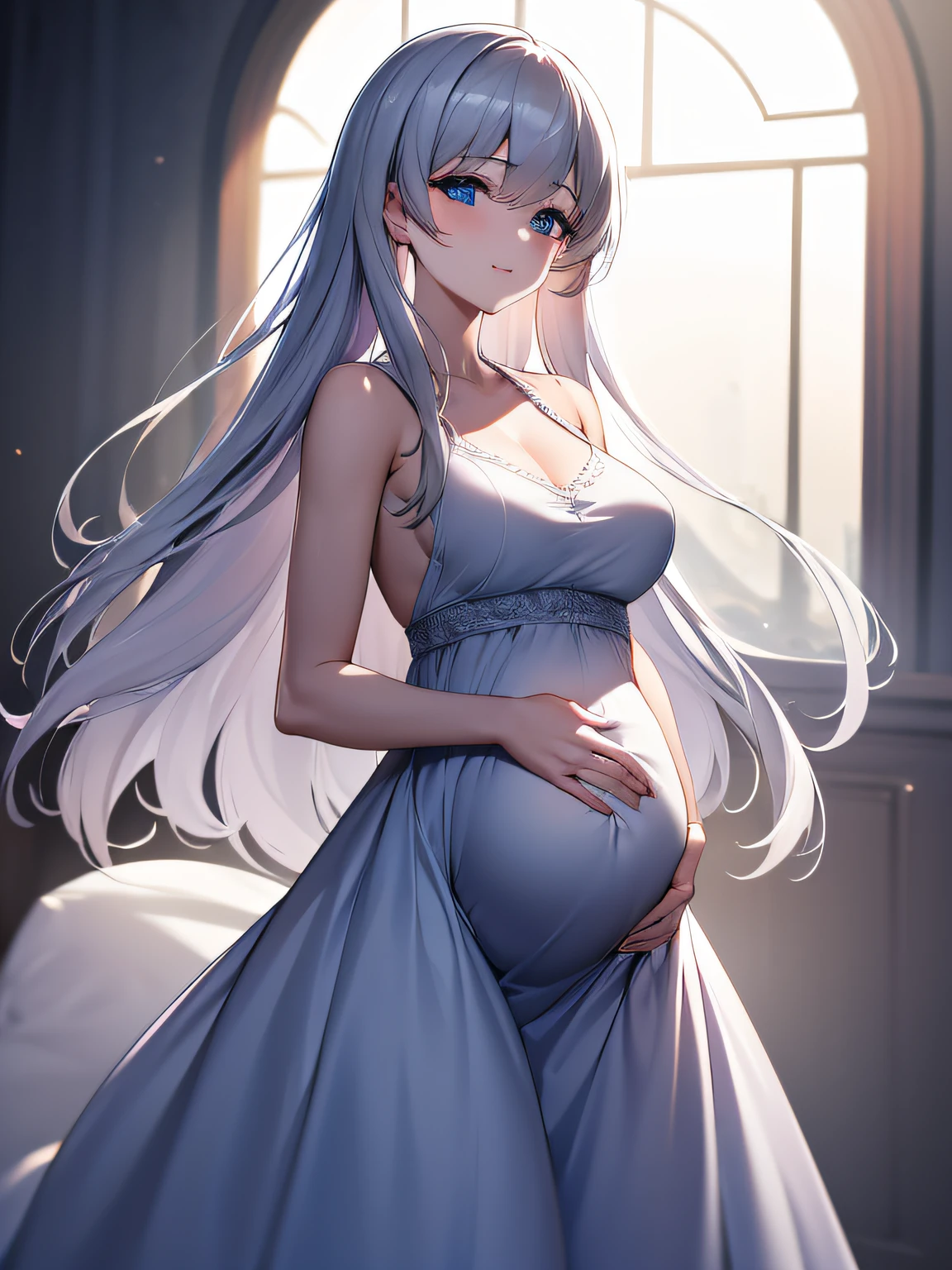 （A 25-year-old woman with long white hair in a white maternity dress 1.5），（ssmile，Blue eyes 1.5），（Left hand crossed waist，Touch the bulging belly with your right hand 1.7）Look down，8K resolution Ultra HD (hyper HD), filmed in dslr, Soft lighting accents, Demonstrate high artistry and quality, Features volumetric illumination and high-resolution detail, (4K, 8K), The background is blurred out.