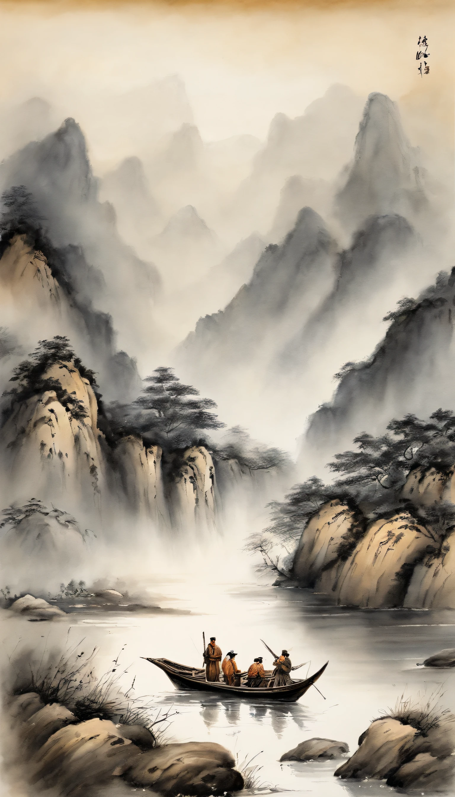 Chinese landscape painting，ink and watercolor painting，water ink，ink，Smudge，Faraway view，Ultra-wide viewing angle，Meticulous，Light boat in the distance，Faraway view，Meticulous，Smudge，low-saturation，Low contrast，The light boat has crossed the Ten Thousand Heavy Mountains，Beautifully depicted，A detailed，acurate，Works of masters，tmasterpiece