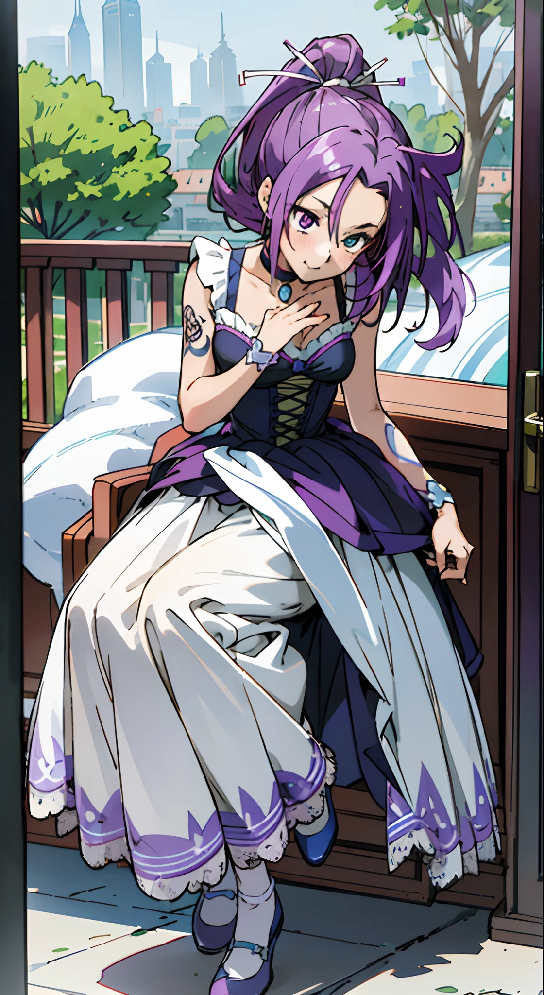 Colorful, Up-close, purple color  hair, Ultra-realistic hair quality, Vibrant colors, Young Girl, 14years old girl, Beautiful long hair, Shiny hair, detailed hairs, left sided ponytail, half-ponytail, Hair Ribbon, Single-sided up, Reo Mikage, Blue Lock, no sleeves, Sleeveless, Open shoulders, Cinderella, Camisole, Panniers and Cinderella, Cinderella Dresses, Lace dress, ribbon dress, long-one-piece dress, White tights, leggins, Chest exposure, Lace underwear, Metamorphosis is exposed, Choker, Black Choker, complete fingers, Five Fingers, Two arms, Two hands, Two legs, Perfect legs, The tattoo, body tattoo, arm tattoos, Blue Rose Tattoo, Tattoo on the wrist, Relative area, Sexy breasts, Big breasts, red blush, 1girl in, Solo, Sharp face, Heterochromia, Green eyes, Purple eyes, Bare neck, Happy face, lightsmile, Skirt in dress, Panniers in dresses, Sitting on the premises, Scenery of Shanghai, Castles, crouching down, Bare legged, Sandals, masutepiece, Ultra-detailed, Hyper-detailing, Anime, Anime style, Best Quality