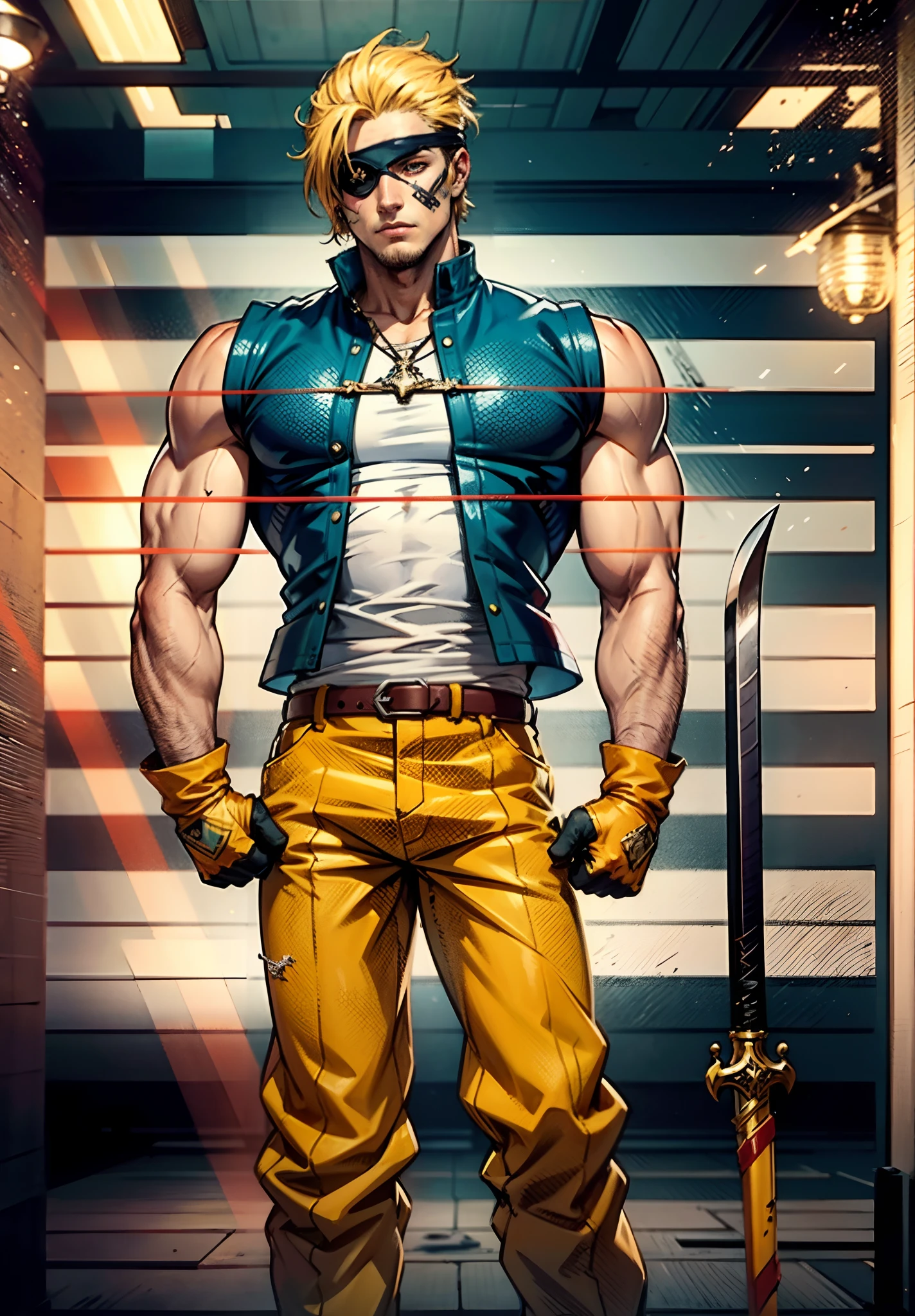 A young man with short golden hair, hair standing upright, an eye patch over his right eye, a serious expression, a deep gaze, well-defined facial features, a two-piece sleeveless vest in a fantasy-modern style, color scheme primarily features shades of orange-red, with yellow and blue as secondary colors, wears gloves, loose-fitting utility pants, a long straight sword with a demon face decoration, the background depicts a cracked land, with rubble floating in the air, this character embodies a finely crafted fantasy-realism style one-eyed warrior in anime style, characterized by an exquisite and mature manga illustration art style, ghigh definition, best quality, highres, ultra-detailed, ultra-fine painting, extremely delicate, professional, anatomically correct, symmetrical face, extremely detailed eyes and face, high quality eyes, creativity, RAW photo, UHD, 8k, Natural light, cinematic lighting, masterpiece:1.5