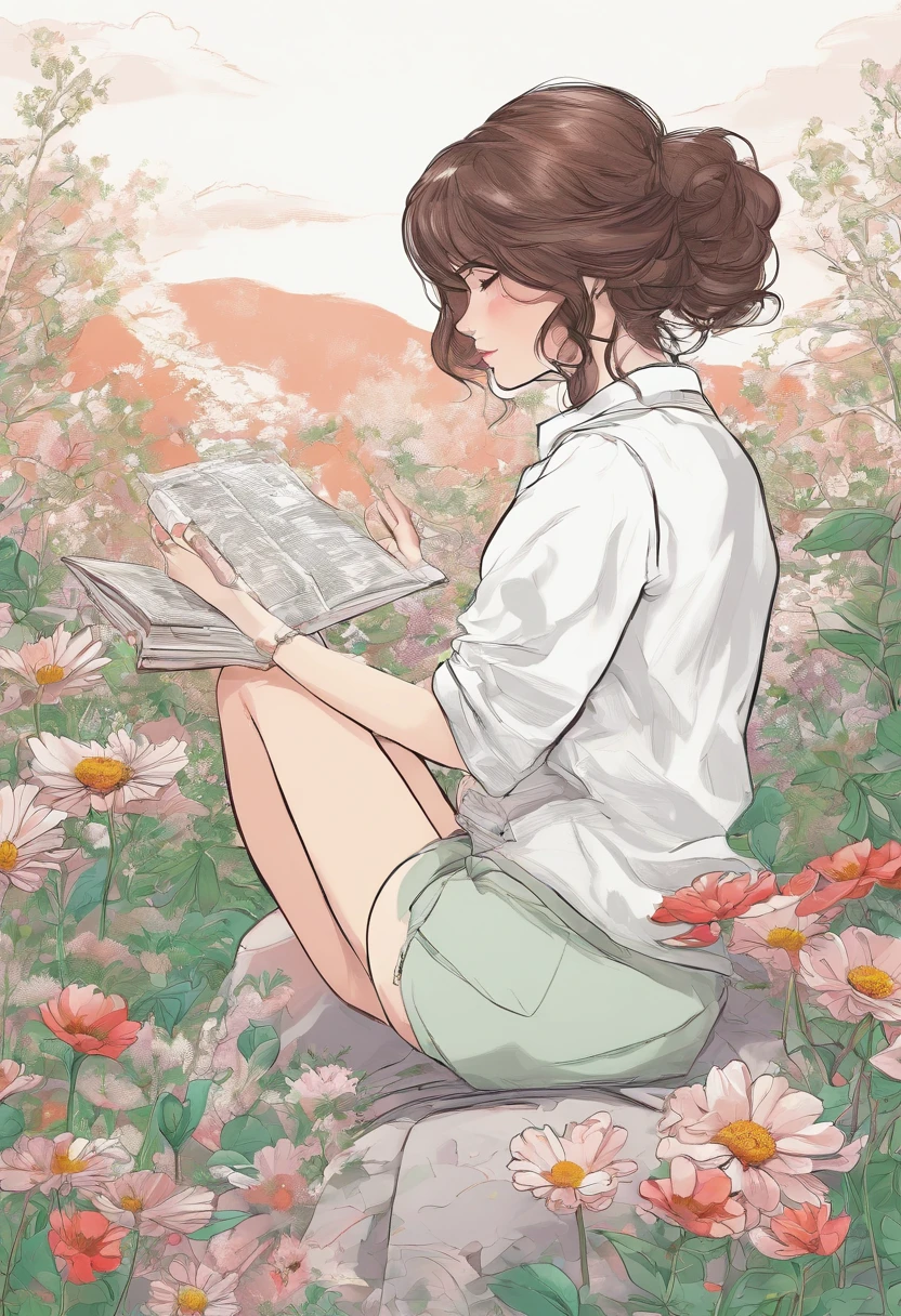 in a sitting pose, a brunette woman, back view in her hands, wild flowers, colors white-green, light gray and light red, in manga style, 2D illustration