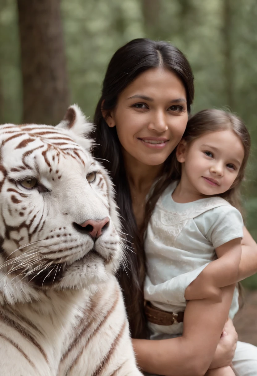 A beautiful Native American warrior princess and her 7  daughter smilling together and petting their white tiger