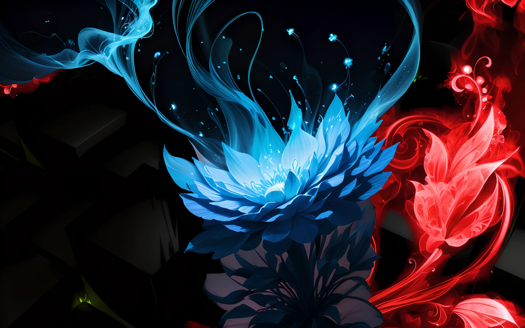 there are two flowers that are glowing in the dark, glowing delicate flower, gorgeous digital art, pc wallpaper, beautiful art uhd 4 k, beautiful digital art, wallpaper 4k, very beautiful digital art, wallpaper 4 k, anime art wallpaper 4 k, anime art wallpaper 4k, beautiful digital artwork, emerging from blue fire, anime art wallpaper 8 k