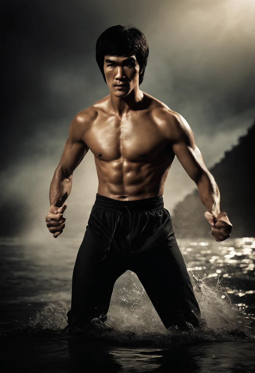 bruce lee, surreal, tense, cold, highly detailed, sharp, professional, 8k UHD, movie, dark, violent, outdoor, river, battle, chase, dramatic, vivid, tense atmosphere, rendering, epic, twilight, HDR, album cover, blizzard, lightning, disaster