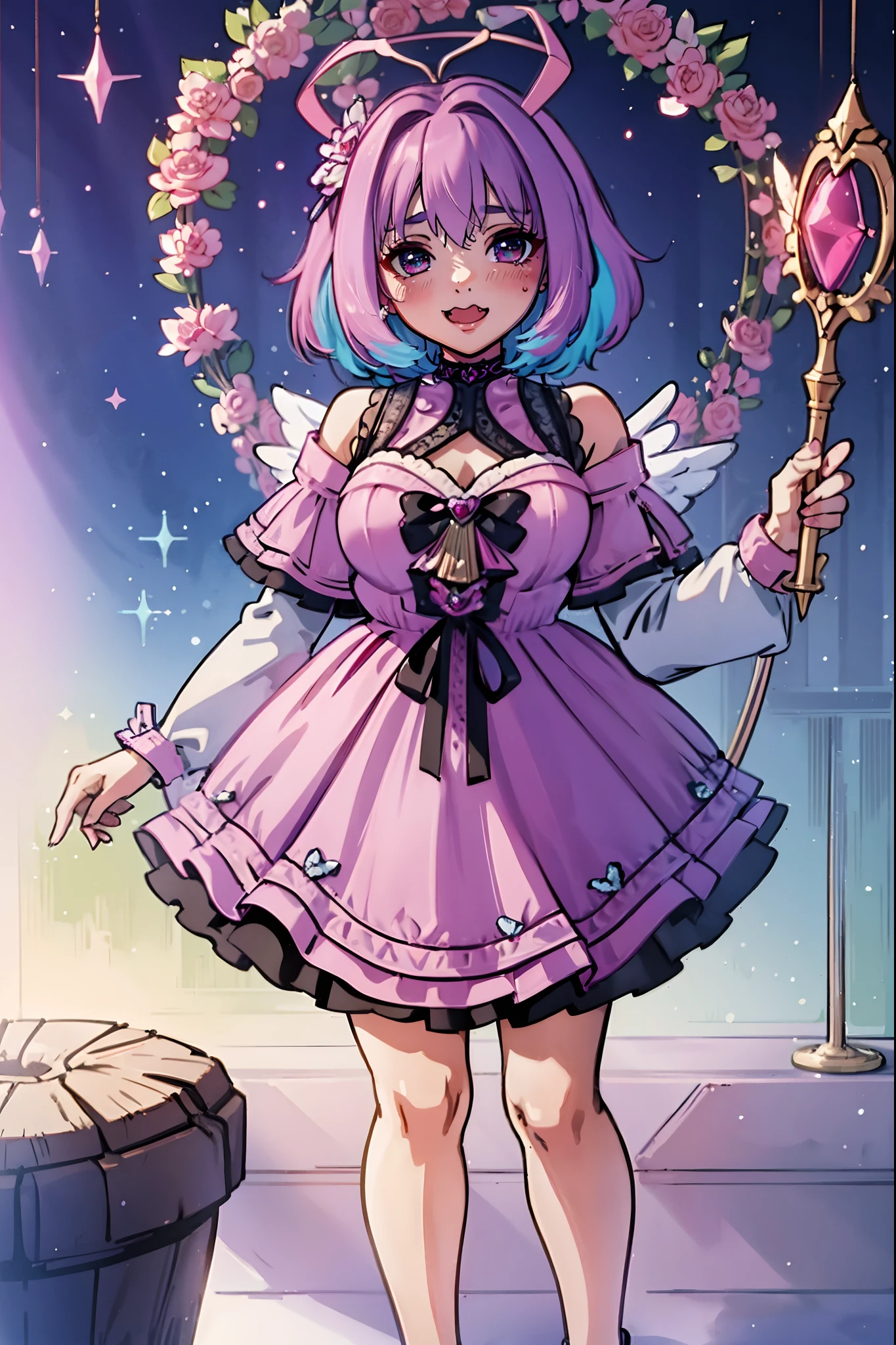 (best quality,masterpiece:1.2),intricate details,beautiful detailed eyes,beautiful detailed lips,extremely detailed eyes and face,longeyelashes,riamu, modeseven,super curvy,comic style,vibrant colors,standing,innocent, full body, standing, smile, princess dress, noble clothing, holy angel magicalgirl, open mouth fang, holy haura, halo, smile, joyfull, paladin, staff holding