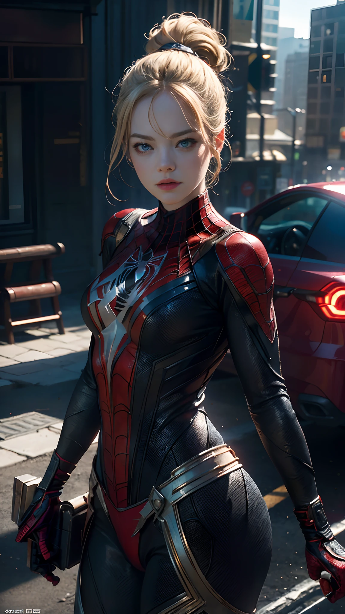 1girl, Emma Stone as spiderman (from marvel studios), look at viewer, (masterpiece, best quality, detailed skin texture, detailed cloth texture, beautiful detailed face, intricate details, ultra detailed), Ponytail, blonde hair, on the roof, random pose, (random angles), (Best quality, A high resolution, Photorealistic, primitive, 8K,Masterpiece, ),Best quality, Masterpiec8K.hdr. High ribs:1.2, filmgrain, Blur bokeh:1.2, Lens flare, (vivd colour:1.2), (Delicate),