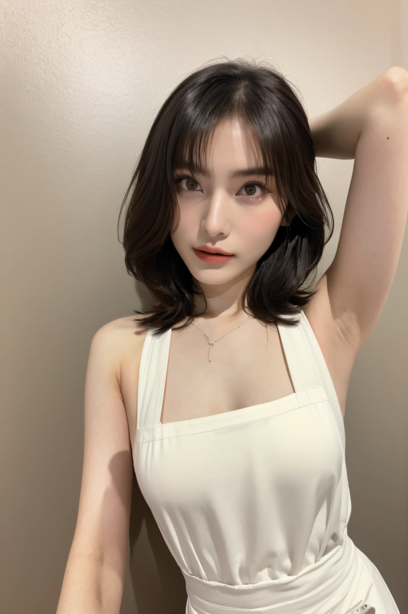 (masutepiece:1.2), Realistic, photo of 18 y.Girl in loose shirt(Unbuttoned shirt), half , Best Quality, Big breasts, Bare shoulders, cleavage, NSFW, [[Hands hidden behind the back]], earrings, Complete shirt, Black Choker, Solo, [SFW],