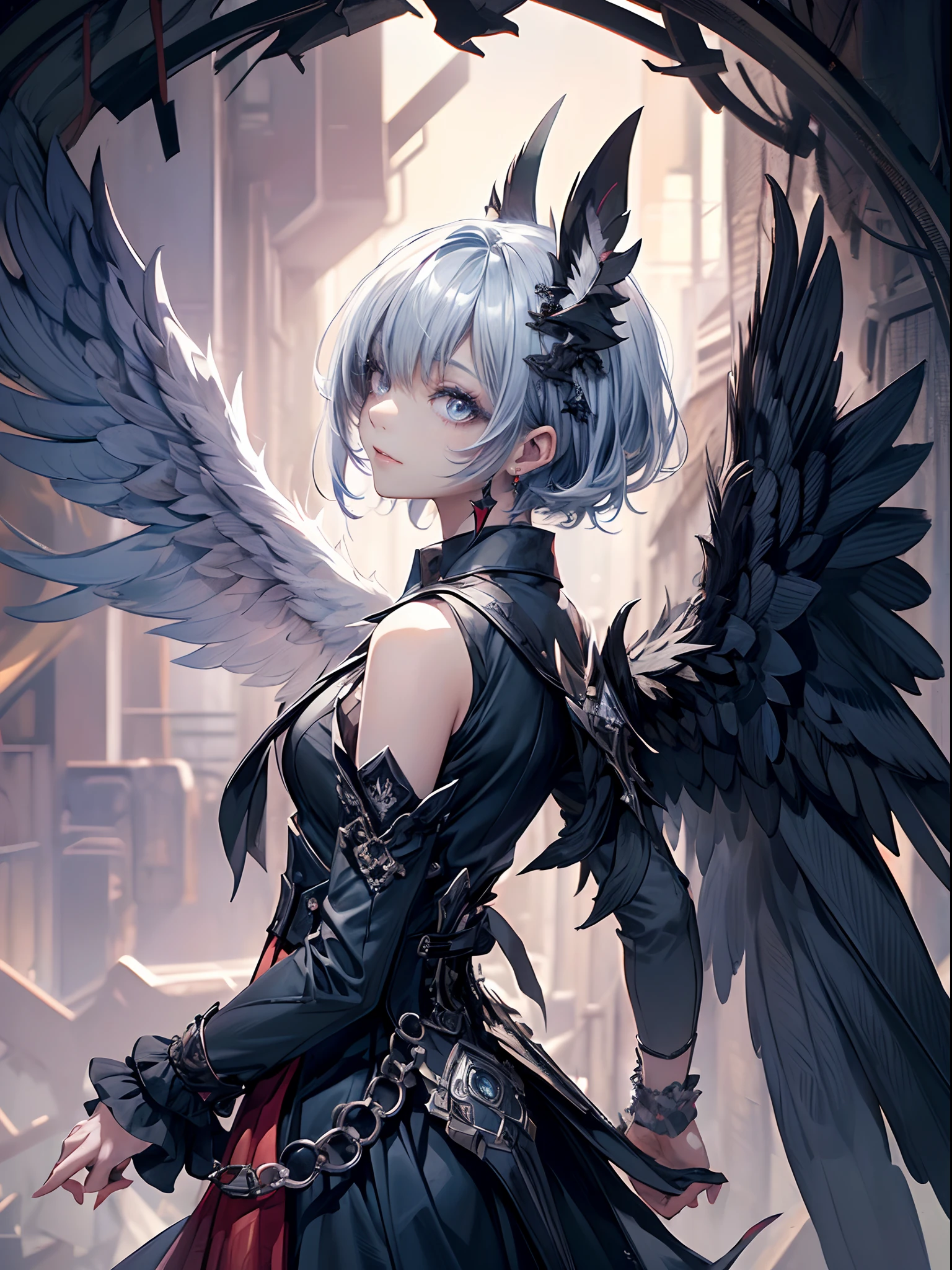 ((4K works))、masterpiece、(top-quality)、((high-level image quality))、((one beautiful women))、Slim body、((Black Y Shirt Fashion))、(Detailed beautiful eyes)、Crow on fantastic city background、((Face similar to Chaewon in Ruseraphim))、((short-haired))、((bright silver hair))、((Smaller face))、((Neutral face))、((Light blue eyes))、((Korean Women))、((18year old))、((Wild Lady))、((Wild look))、((Show your fangs and laugh))、((Korean makeup with black eyeshadow))、((elongated and sharp eyes))、((Shot alone))、((Fallen Angel))、((Fallen Angel Woman))、Photos of fallen angels、Villain、((amazing photo))、Photographed so that the whole body can be seen、horor、((There is a crow on the right shoulder))、Dark Proof、((Shot diagonally from the side))
