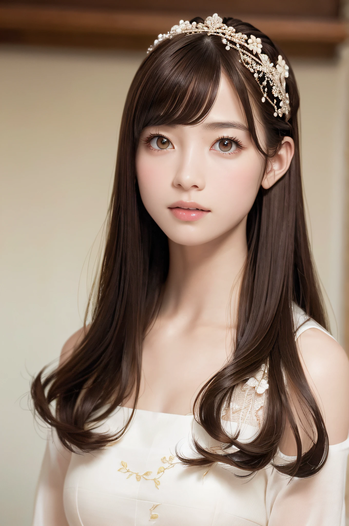 A woman with long hair wearing a white dress and a tia - SeaArt AI