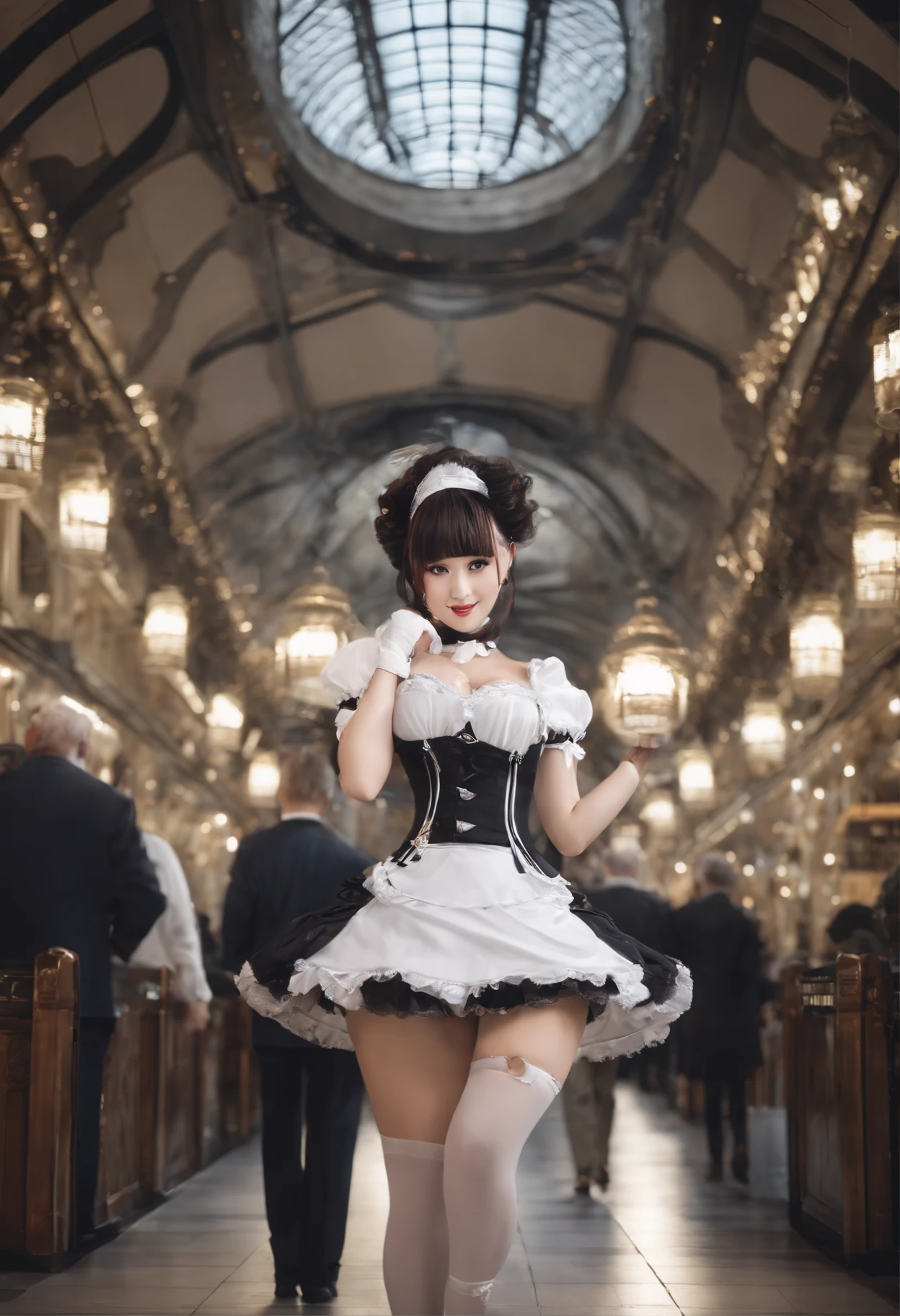 1 woman in a black maid outfit,white skirt, White stockings, and corsets, Show huge curves, Mohawk haircut, Extremely beautiful. All around are old gentlemen who admire her. She playfully began to show off, Enjoy the attention. She faces the audience, Smiling happily, Futuristic subway environment. Anime style, A masterpiece, Highest resolution, quality, detail, foco nítido, professional image