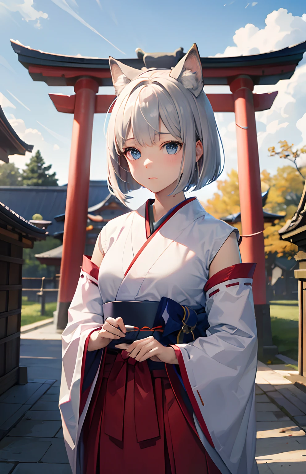 ​masterpiece,Top image quality,hight resolution,imagem 4k,Raw photo,Photorealsitic,{Solo},teens girl,Embarrassment,Silver Short Bob,stare at each other,Blue eyes,小柄,Silver fox ears,Fox tail,shrines,Crimson hakama,,boyish,shrine maiden,