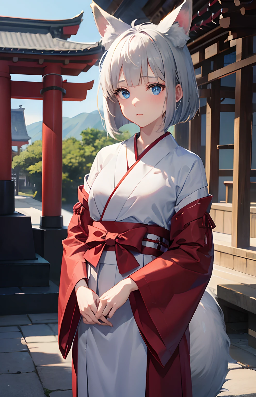 ​masterpiece,Top image quality,hight resolution,imagem 4k,Raw photo,Photorealsitic,{Solo},teens girl,Embarrassment,Silver Short Bob,stare at each other,Blue eyes,小柄,Silver fox ears,Fox tail,shrines,Crimson hakama,,boyish,shrine maiden,