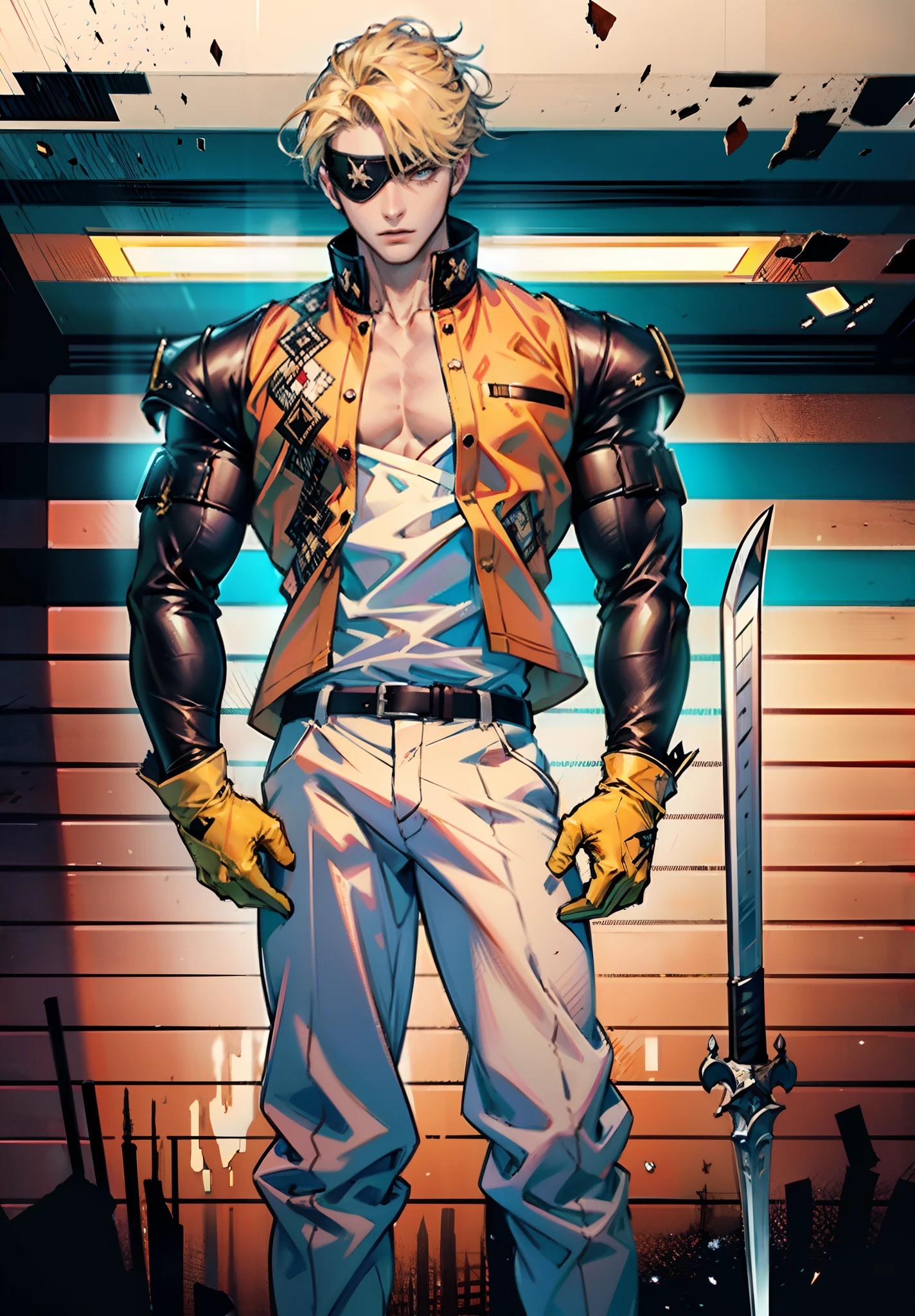 A young man with short golden hair, hair standing upright, an eye patch over his right eye, a serious expression, a deep gaze, well-defined facial features, a two-piece sleeveless vest in a fantasy-modern style, color scheme primarily features shades of orange-red, with yellow and blue as secondary colors, wears gloves, loose-fitting utility pants, a long straight sword with a demon face decoration, the background depicts a cracked land, with rubble floating in the air, this character embodies a finely crafted fantasy-realism style one-eyed warrior in anime style, characterized by an exquisite and mature manga illustration art style, ghigh definition, best quality, highres, ultra-detailed, ultra-fine painting, extremely delicate, professional, anatomically correct, symmetrical face, extremely detailed eyes and face, high quality eyes, creativity, RAW photo, UHD, 8k, Natural light, cinematic lighting, masterpiece:1.5