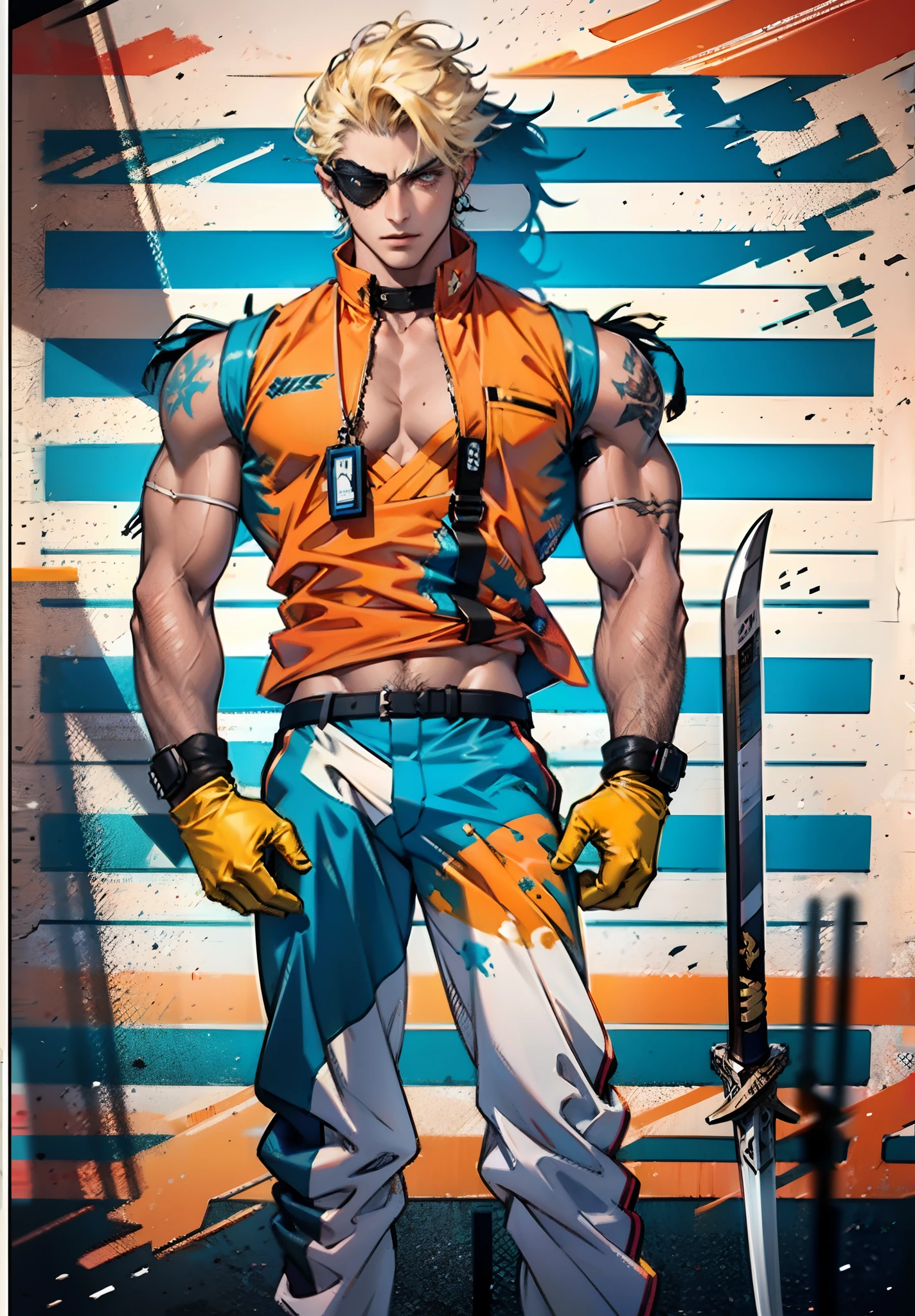 A young man with short golden hair, hair standing upright, an eye patch over his right eye, a serious expression, a deep gaze, well-defined facial features, a two-piece sleeveless vest in a fantasy-modern style, color scheme primarily features shades of orange-red, with yellow and blue as secondary colors, wears gloves, loose-fitting utility pants, a long straight sword with a demon face decoration, the background depicts a cracked land, with rubble floating in the air, this character embodies a finely crafted fantasy-realism style one-eyed warrior in anime style, characterized by an exquisite and mature manga illustration art style, ghigh definition, best quality, highres, ultra-detailed, ultra-fine painting, extremely delicate, professional, anatomically correct, symmetrical face, extremely detailed eyes and face, high quality eyes, creativity, RAW photo, UHD, 8k, Natural light, cinematic lighting, masterpiece:1.5