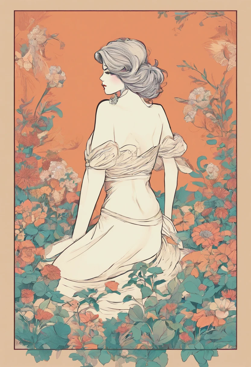 Woman in a sitting position, morena, seen from behind, Wildflowers in her hands, The color scheme is bright, Vintage & Retro Style