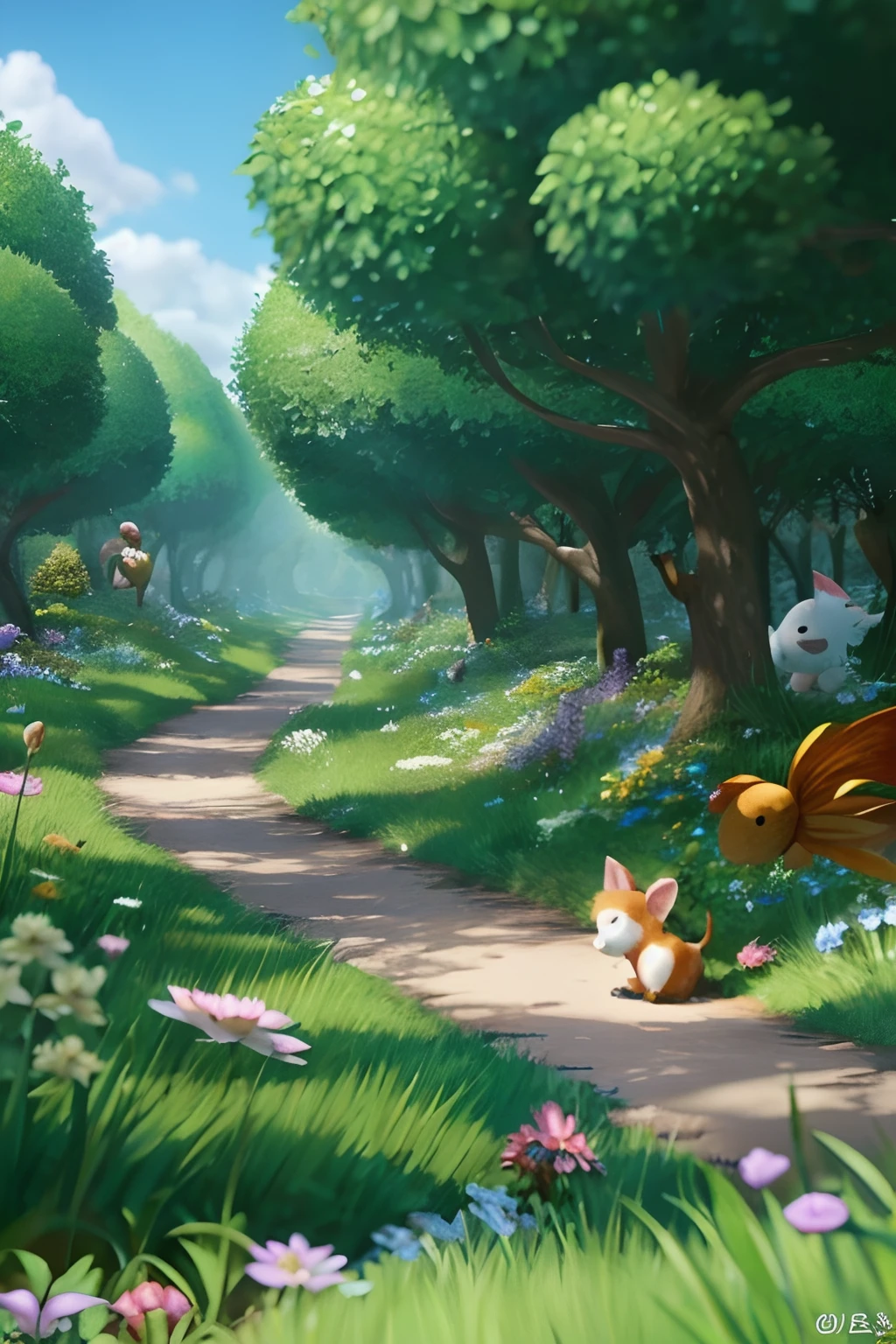 A dense forest,with blue sky and white clouds,A winding path leads to the end of the woods,There are a lot of cute little animals and elves playing in the forest,There is a clear stream next to the grass。down view,中景 the scene is,Close-up,The picture is consistent,Animation style