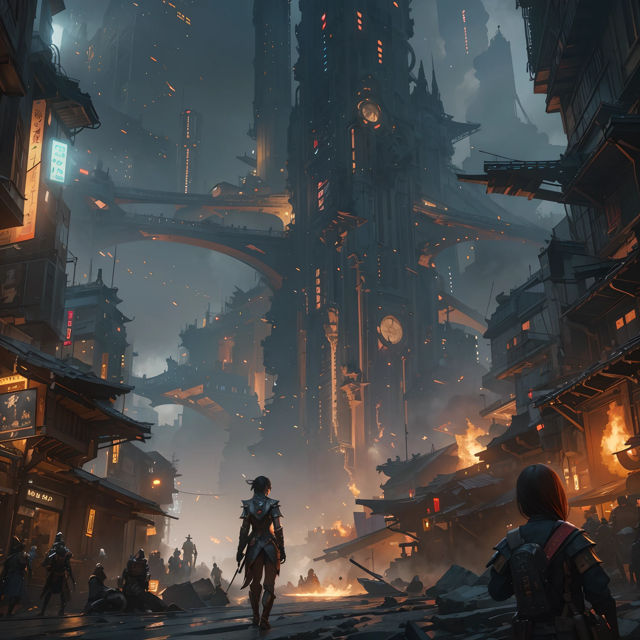 8k, top-quality, (pubic hair beauty)、hight resolution, realisticlying, realperson, Woman in the City of Fire, concept art inspired by Aleksi Briclot, cg society contest winner, Fantasy Art, fantastic screenshot art, epic digital concept art, 8K HD Concept Art, cg art, 3 d render and matte painting, 4K concept art, 4K concept art, sci fi epic digital art, 4K resolution concept art
