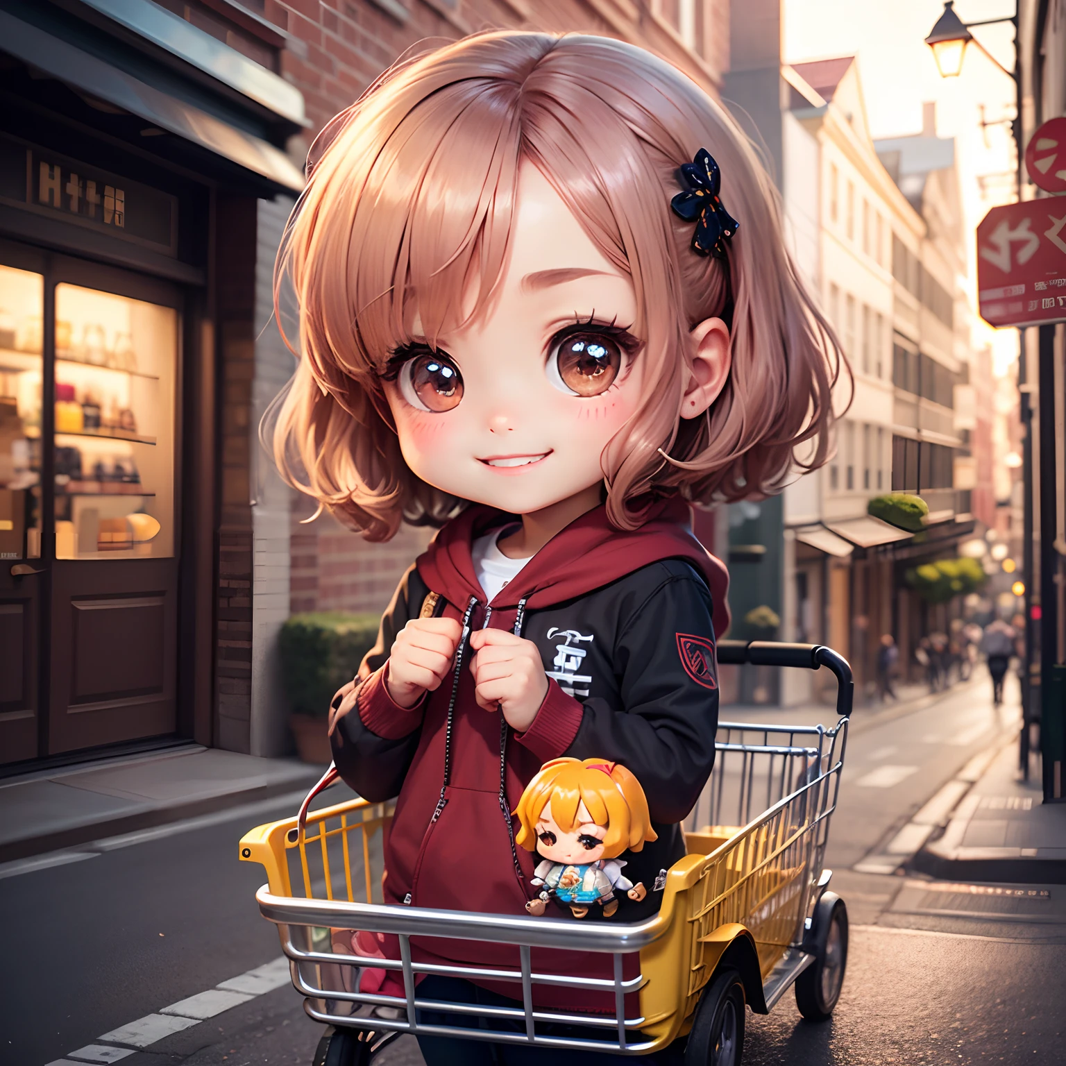 masterpiece、top-quality、ultra-detailliert、(Chibi Chara:1.2)、shopping cart、Bursting smile、Lombard Street、put both hands on the🙌