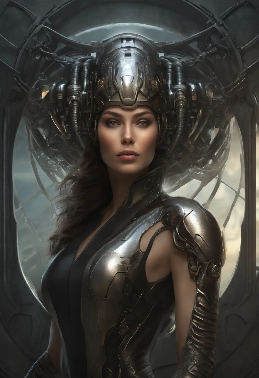 female face, female, a rugged young engineer with cybernetic enhancements, intricate, elegant, highly detailed, digital painting, artstation, concept art, smooth, sharp focus, illustration, art by h r giger and greg rutkowski and alphonse mucha, beautiful dramatic lighting