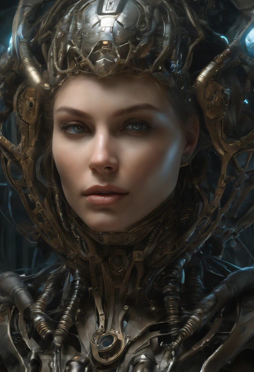 female face, female, a rugged young engineer with cybernetic enhancements, intricate, elegant, highly detailed, digital painting, artstation, concept art, smooth, sharp focus, illustration, art by h r giger and greg rutkowski and alphonse mucha, beautiful dramatic lighting