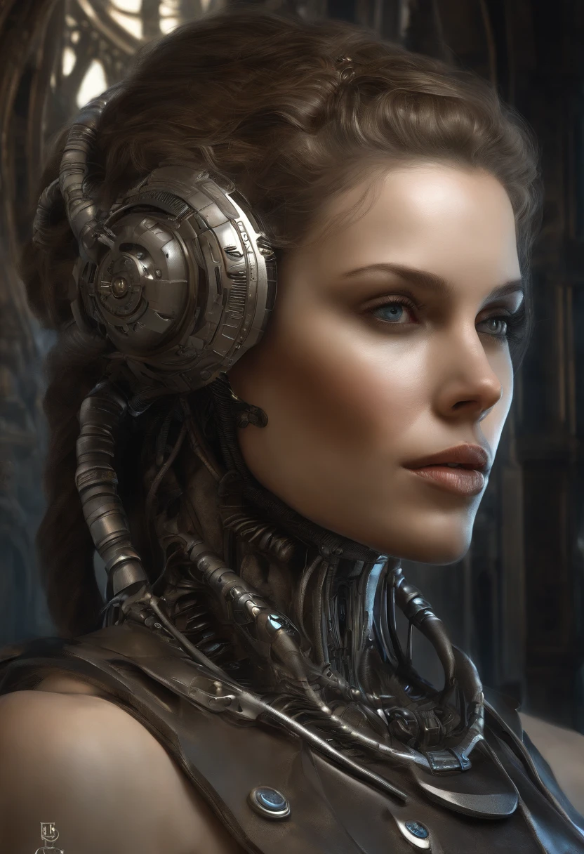 female face, female, a rugged young engineer with cybernetic enhancements, intricate, elegant, highly detailed, digital painting, artstation, concept art, smooth, sharp focus, illustration, art by h r giger and greg rutkowski and alphonse mucha, beautiful dramatic lighting