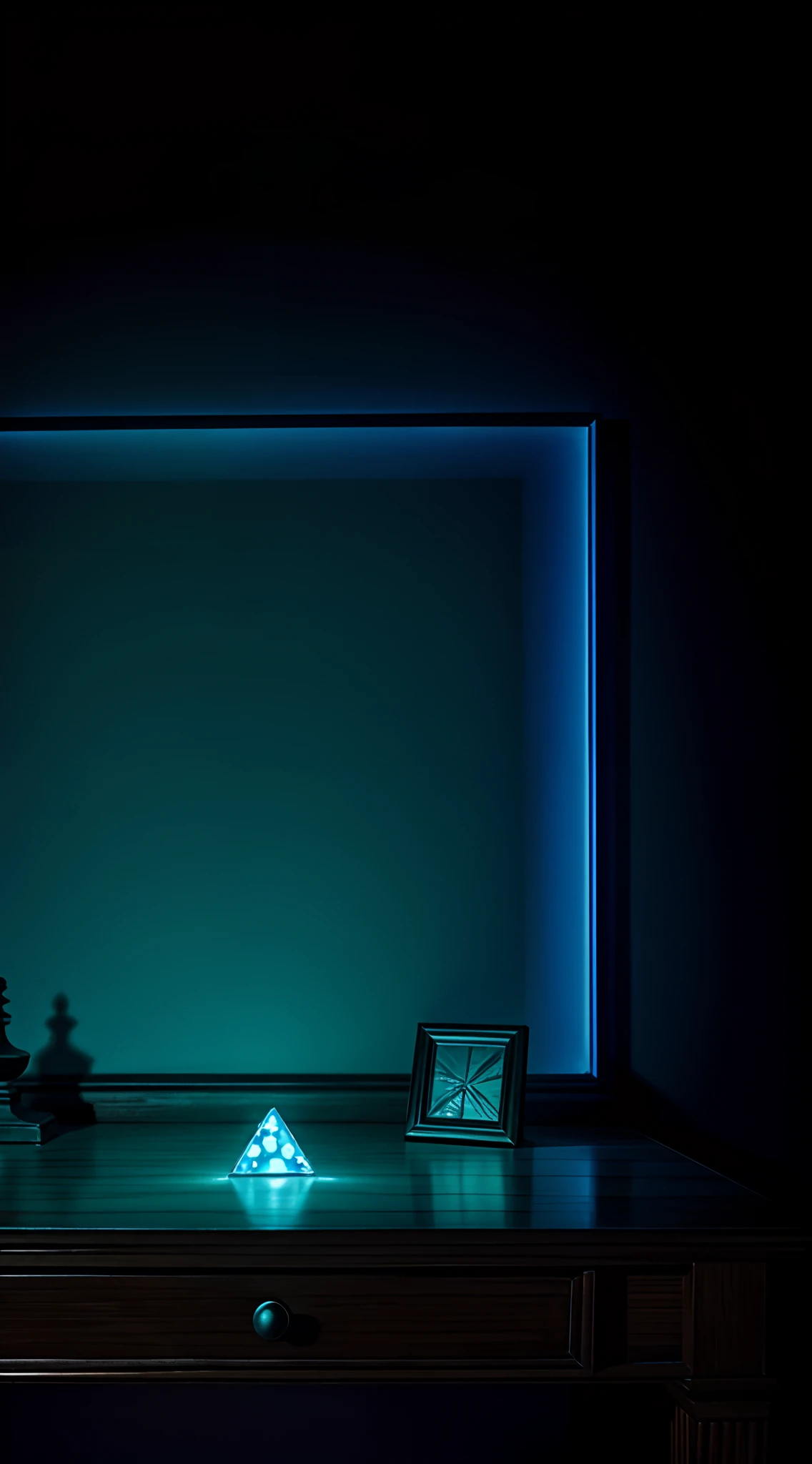 A photograph photorealistic realism, a glowing blue square chip on a desk in a haunted horror mansion