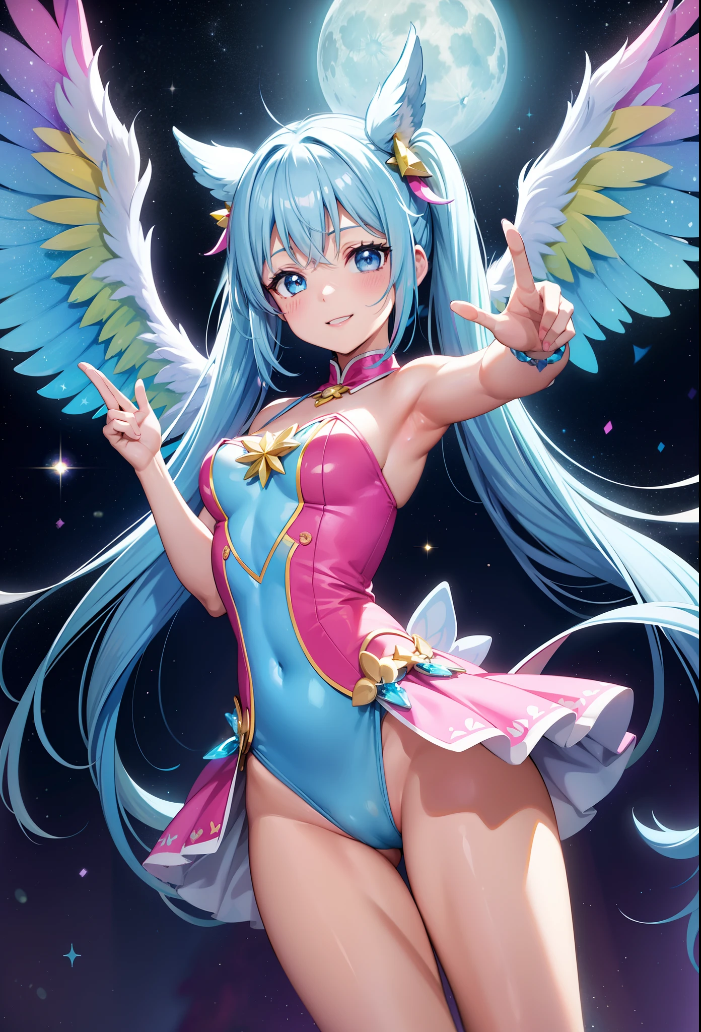 Super Idol　a beauty girl　A charming smile　sky blue hair　length hair　Twin-tailed　Glittery bright pink and white and blue and yellow leotards　facing front　7 colors of angel large wings on the back　Mystical　Fantasia　constellation　a moon　Crystal Brilliance　Aurora Borealis in the Night Sky