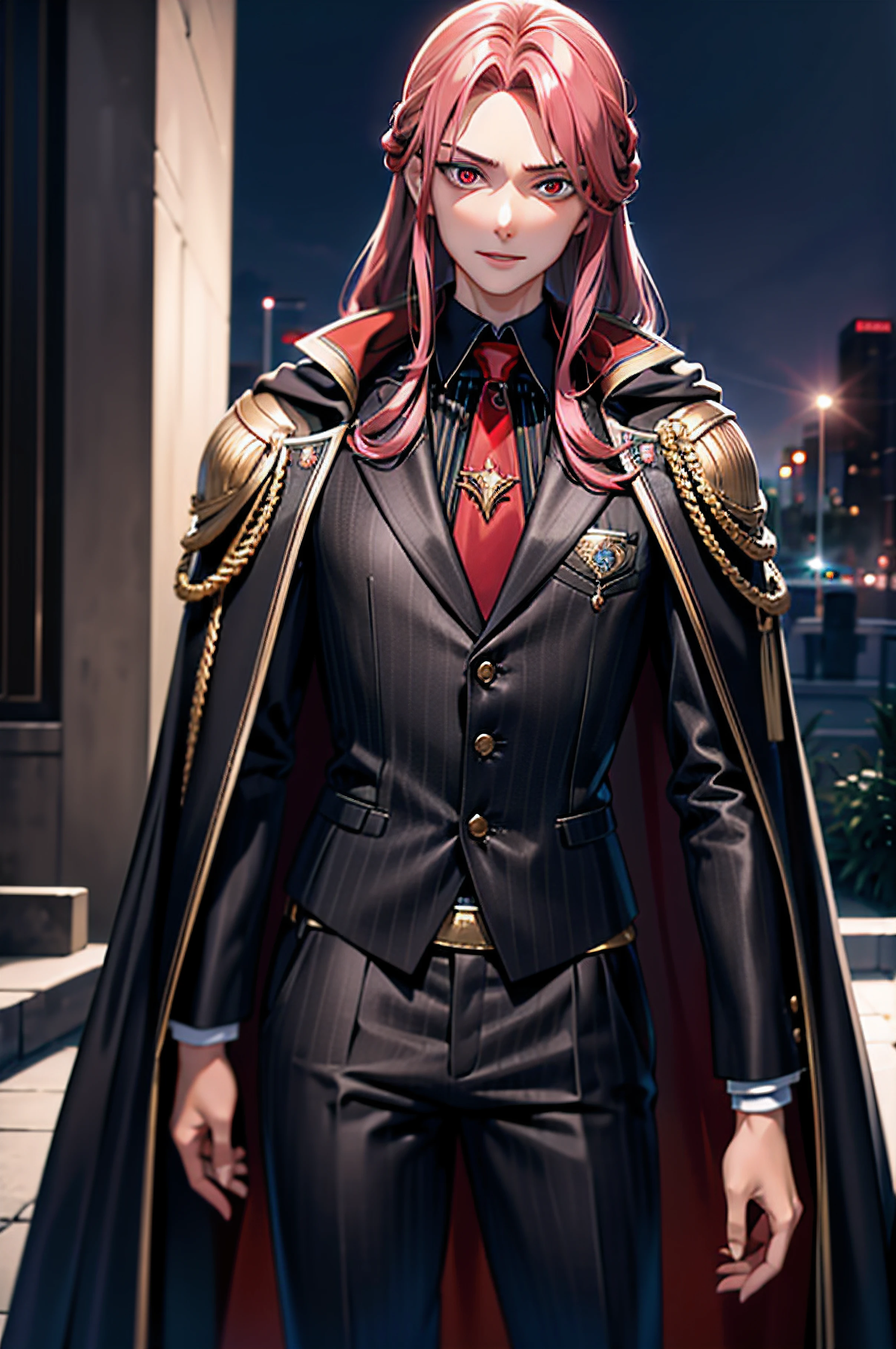 Best quality, masterpiece, 4k, 8k, ultrasharp, high quality, urban city, 1boy, 17 year old boy, tall boy, fit body, looking at viewer, standing straight, angry smile, face focus, beautiful face, lips, nose, beautiful crimson-red eyes, anime eyes, pink long hair, hair tied, wearing black pinstriped suit with a tie, a red cloak/cape, black pants, a beautiful rainbow necklace, high resolution, ultrasharp, 4k, 8k, best quality pinstriped suit with a tie