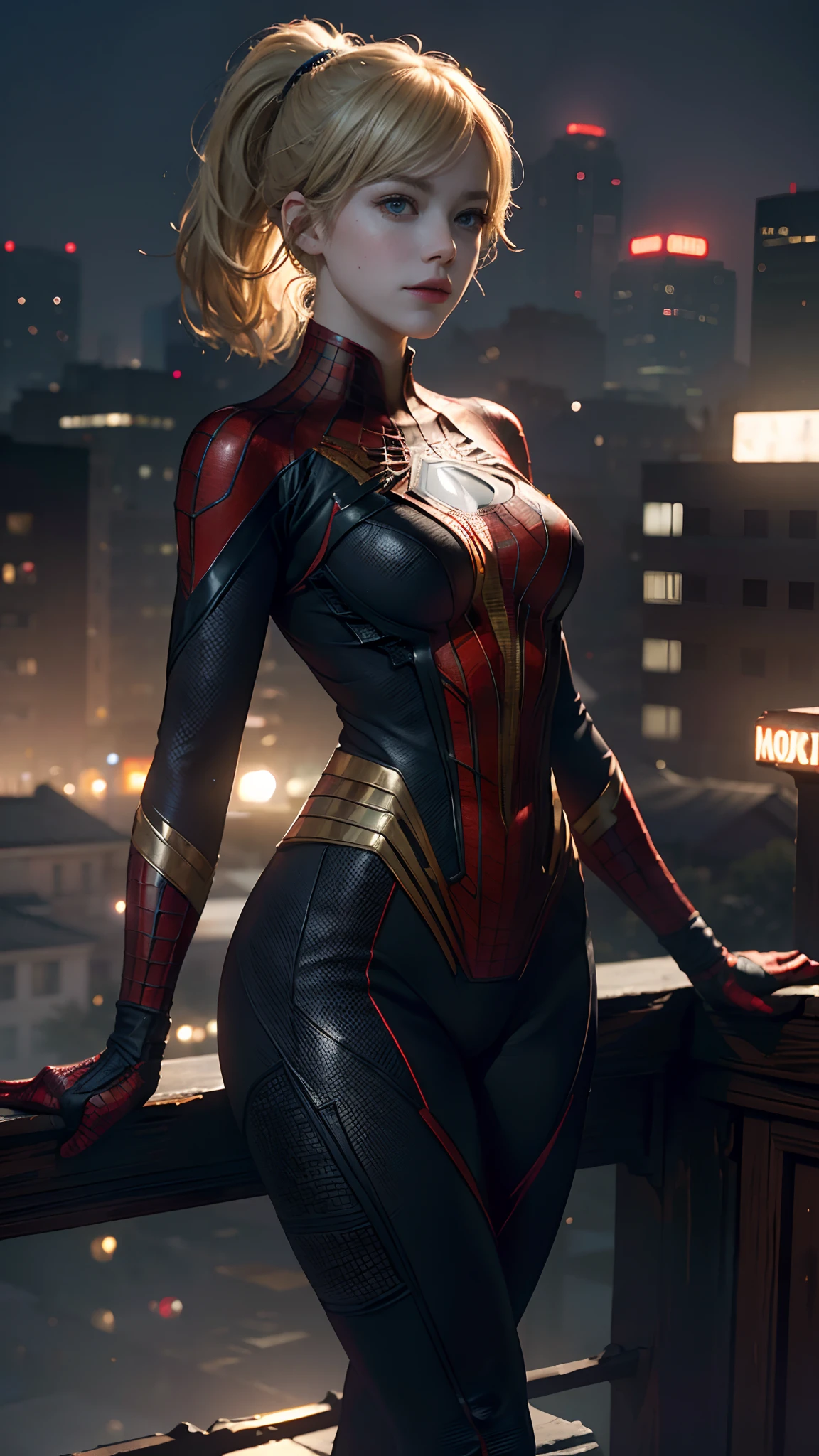 1girl, Emma Stone as spiderman (from marvel studios), look at viewer, (masterpiece, best quality, detailed skin texture, detailed cloth texture, beautiful detailed face, intricate details, ultra detailed),  Ponytail, blonde hair, standing on the roof, (random angles), (Best quality, A high resolution, Photorealistic, primitive, 8K,Masterpiece, ),Best quality, Masterpiec8K.hdr. High ribs:1.2, filmgrain, Blur bokeh:1.2, Lens flare, (vivd colour:1.2), (Delicate),